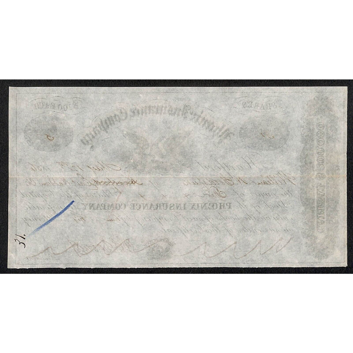 Phoenix Insurance Company Hartford, CT 1856 Stock Certificate W. H. Goodspeed *