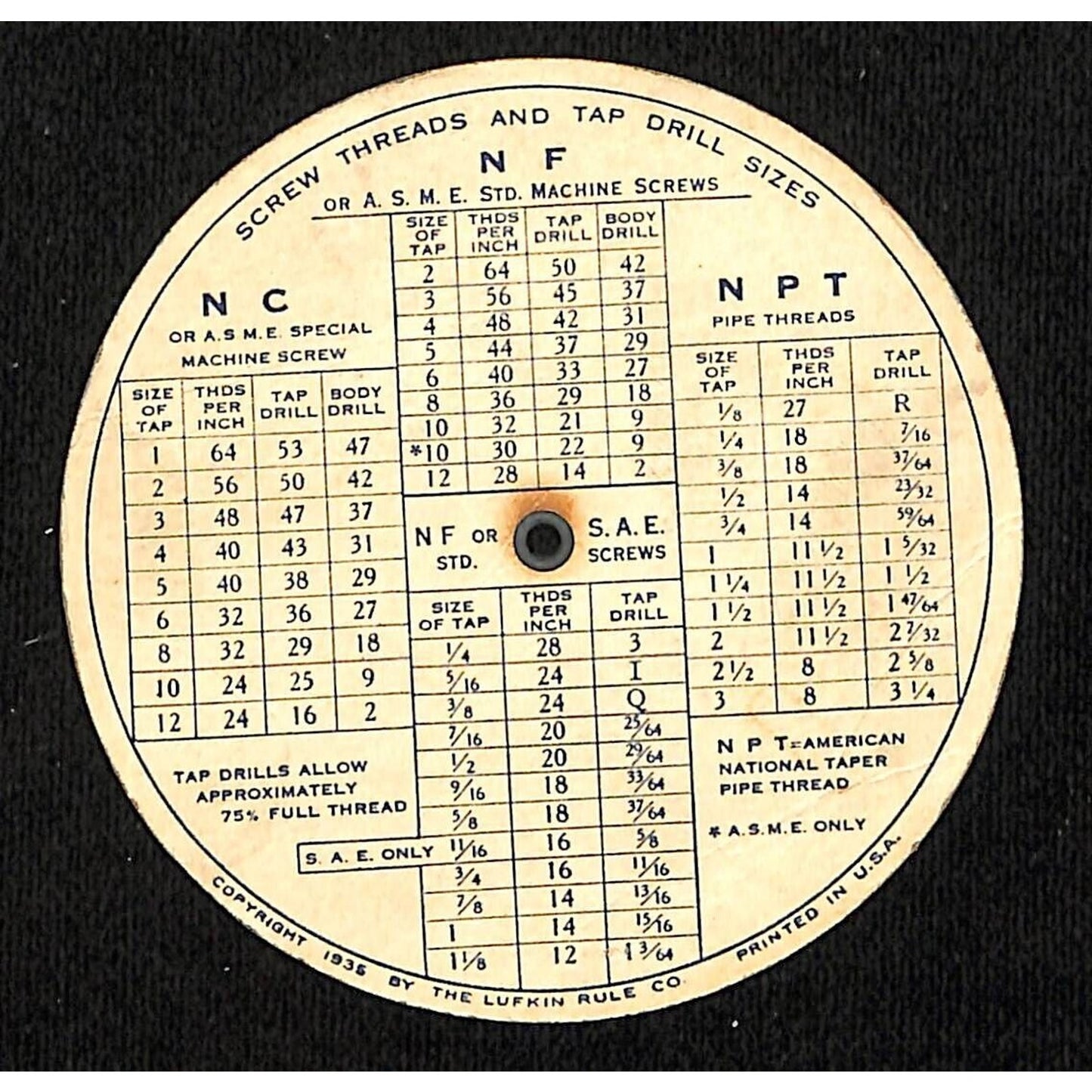 Lufkin Rule Co Saginaw MI Lufkin Tools Tap Thread Drill Size Guide c1935-40's