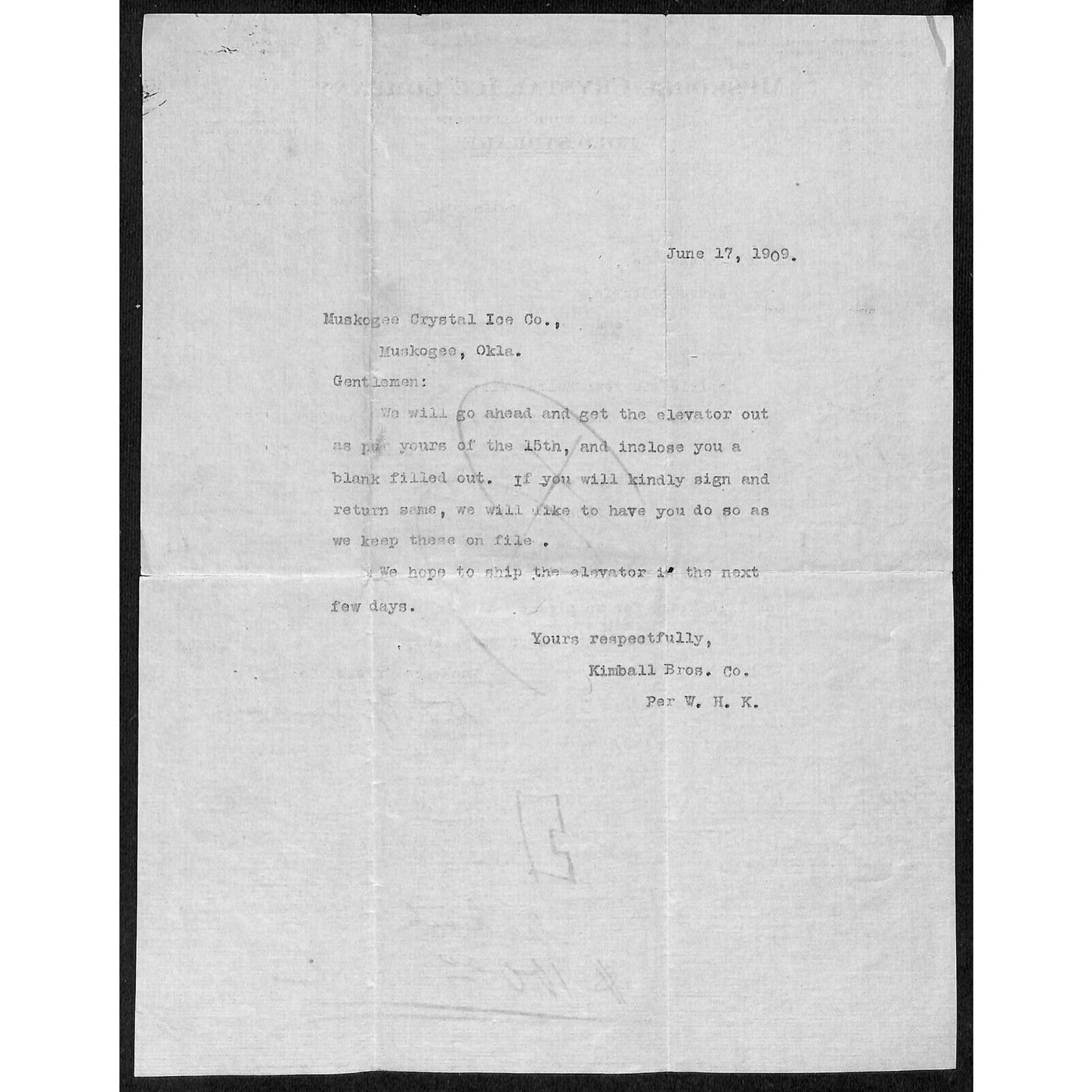 1909 Muskogee Crystal Ice Co. / Cold Storage Muskogee, OK TLS Letterhead