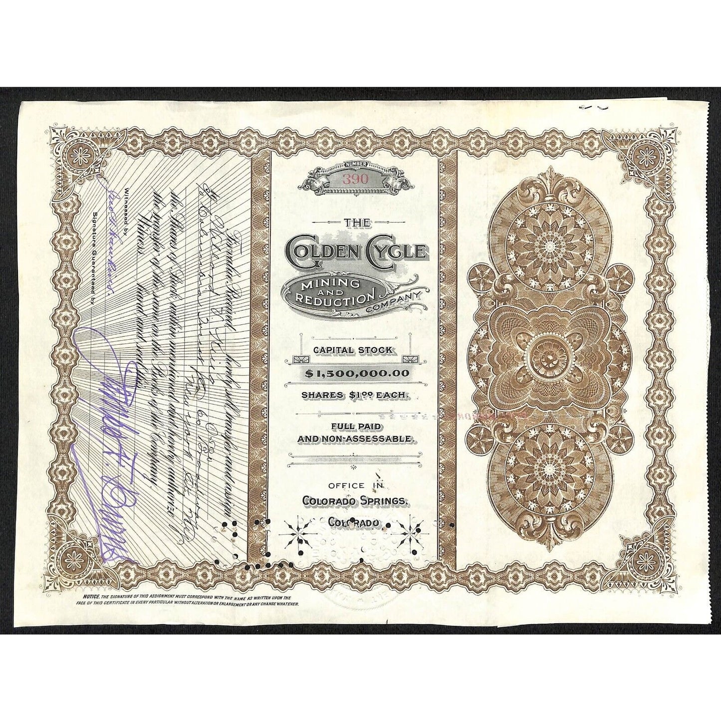 Golden Cycle Mining 1915 Stock Certificate w/ James F. Burns Sig. #388
