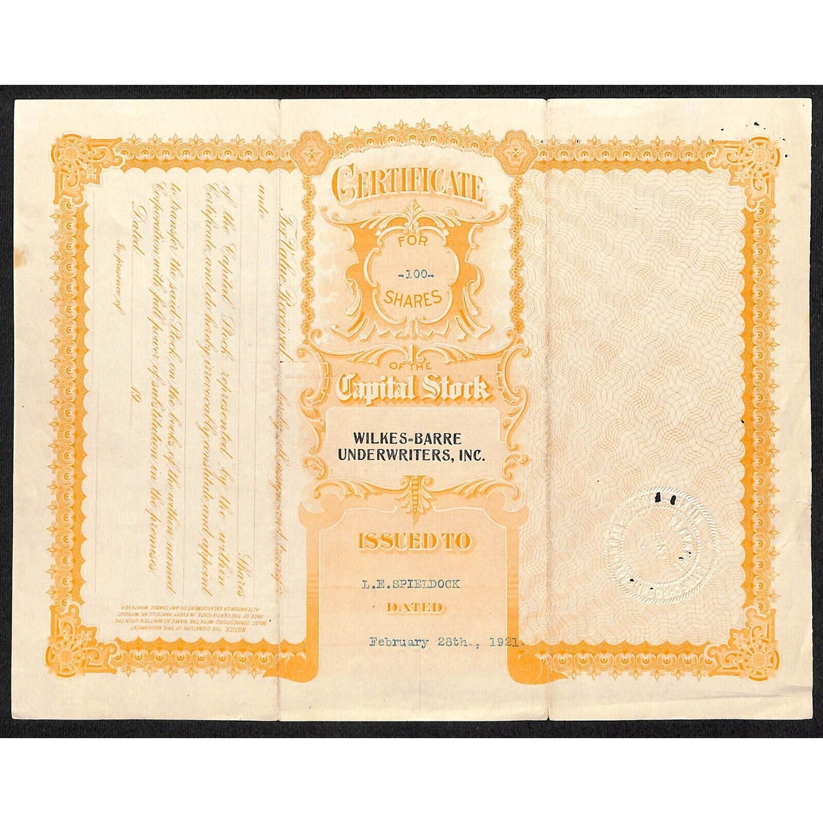 Wilkes-Barre Underwriters, Inc. 1921 Stock Certificate to L.E. Spieldock