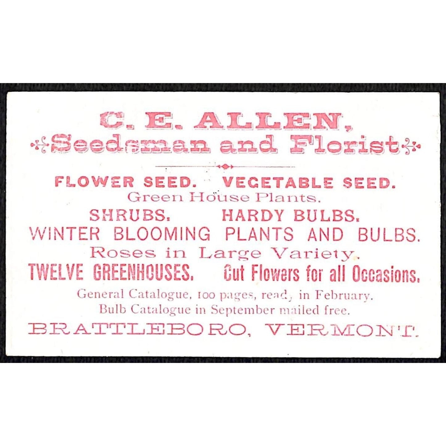 Brattleboro, VT C.E. Allen Seedsman Florist Victorian Trade Card - VGC