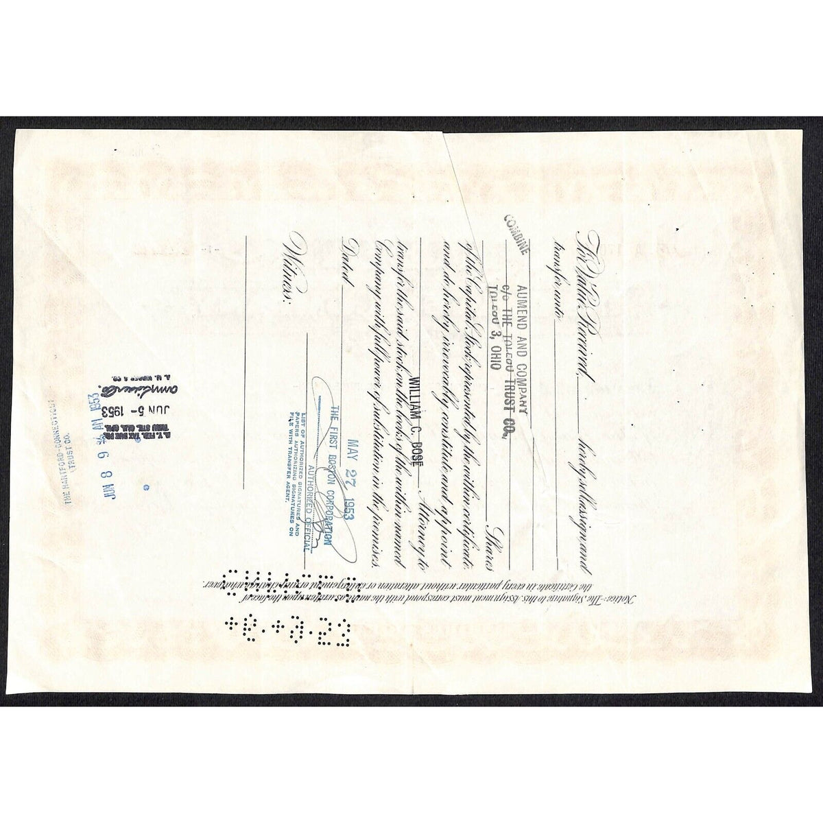Phoenix Insurance Co. Hartford, CT 1953 Stock Certificate to First Boston Corp.