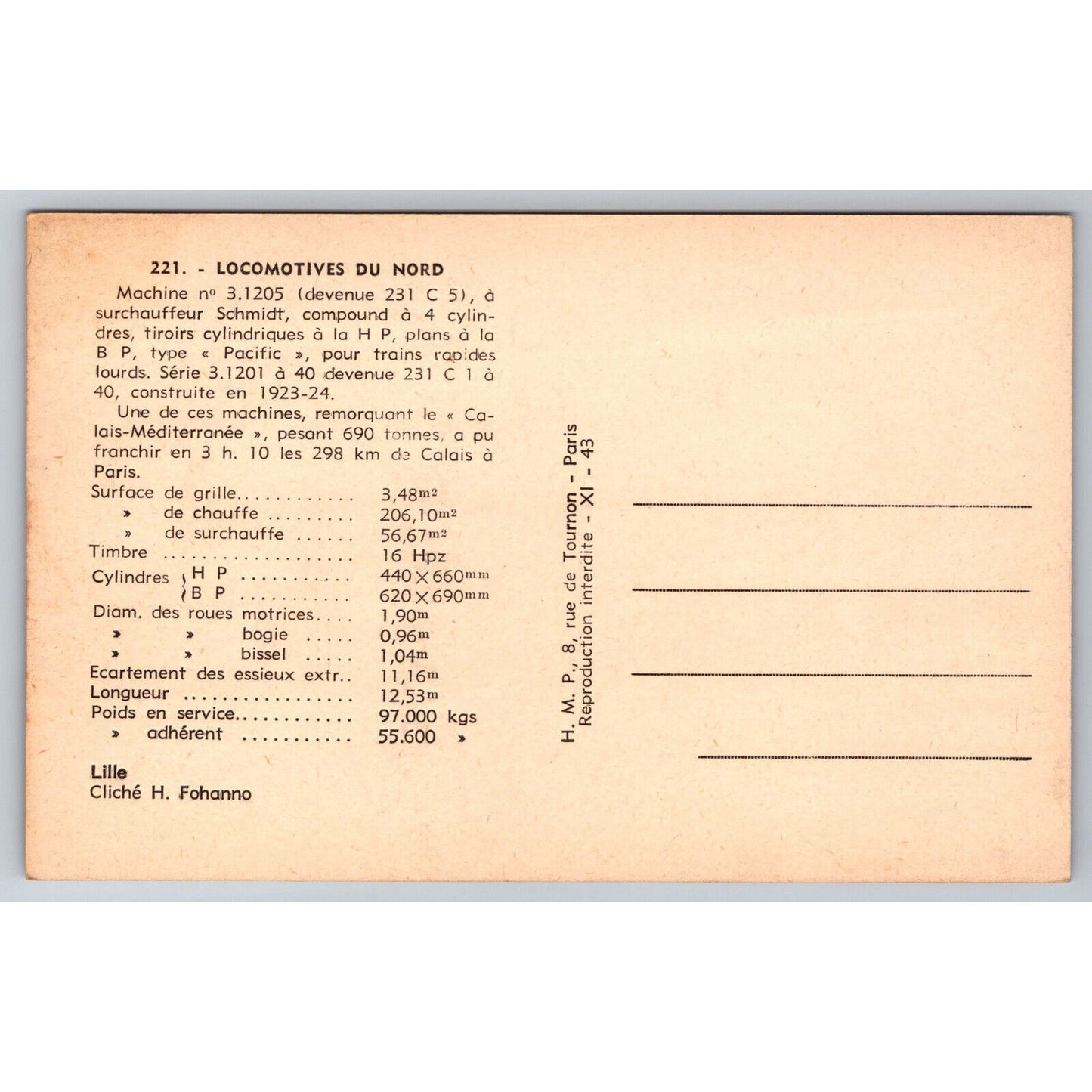 French Railroad RPPC* Postcard Machine 3.1205 Series 3.1201-40 c1923-1924 H.M.P.