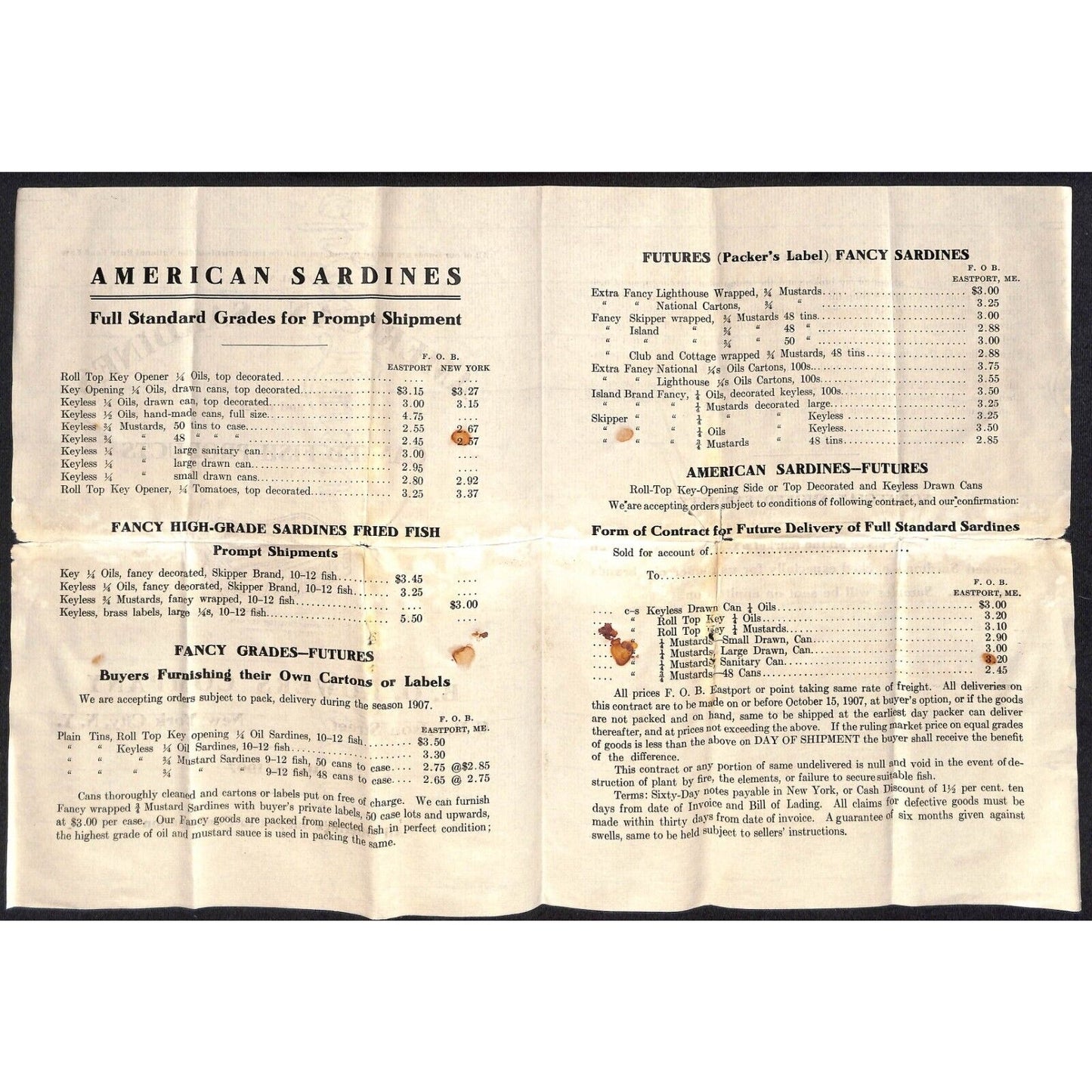B.O. Bowers Co NYC 1907 American Sardines / Other Canned Fish Price Sheet Scarce