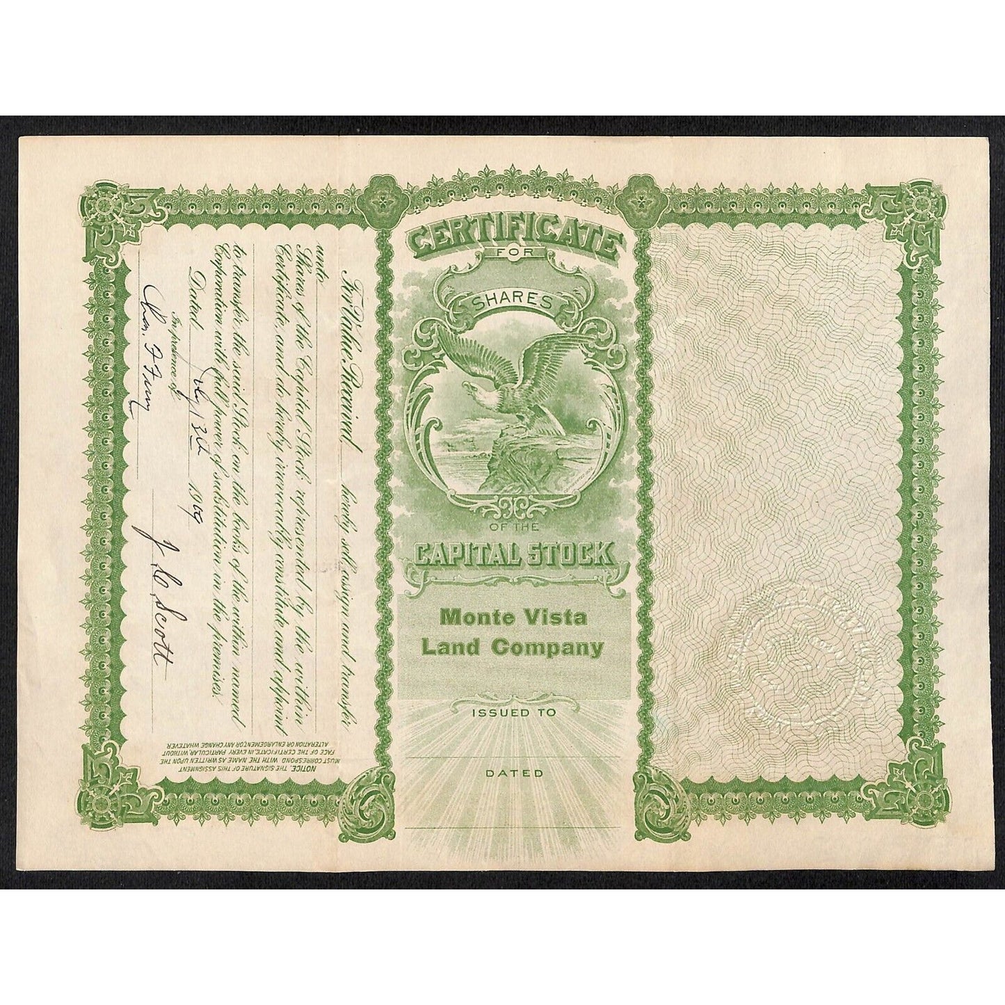 Monte Vista Land Company 1909 Stock Certificate #8 to J.C. Scott (President)