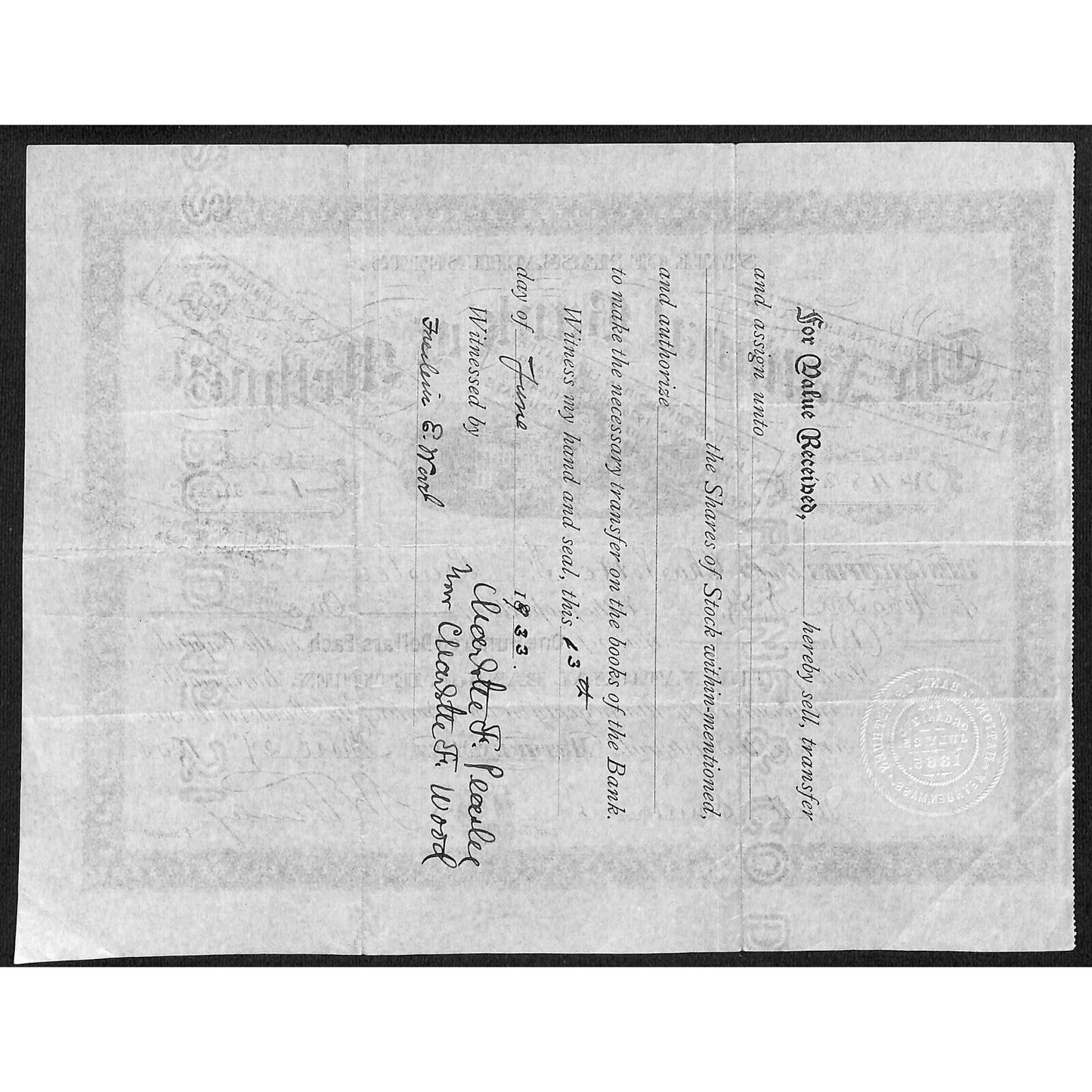 National Bank of Methuen 1905 Stock Certificate Charlotte F. Pearlee