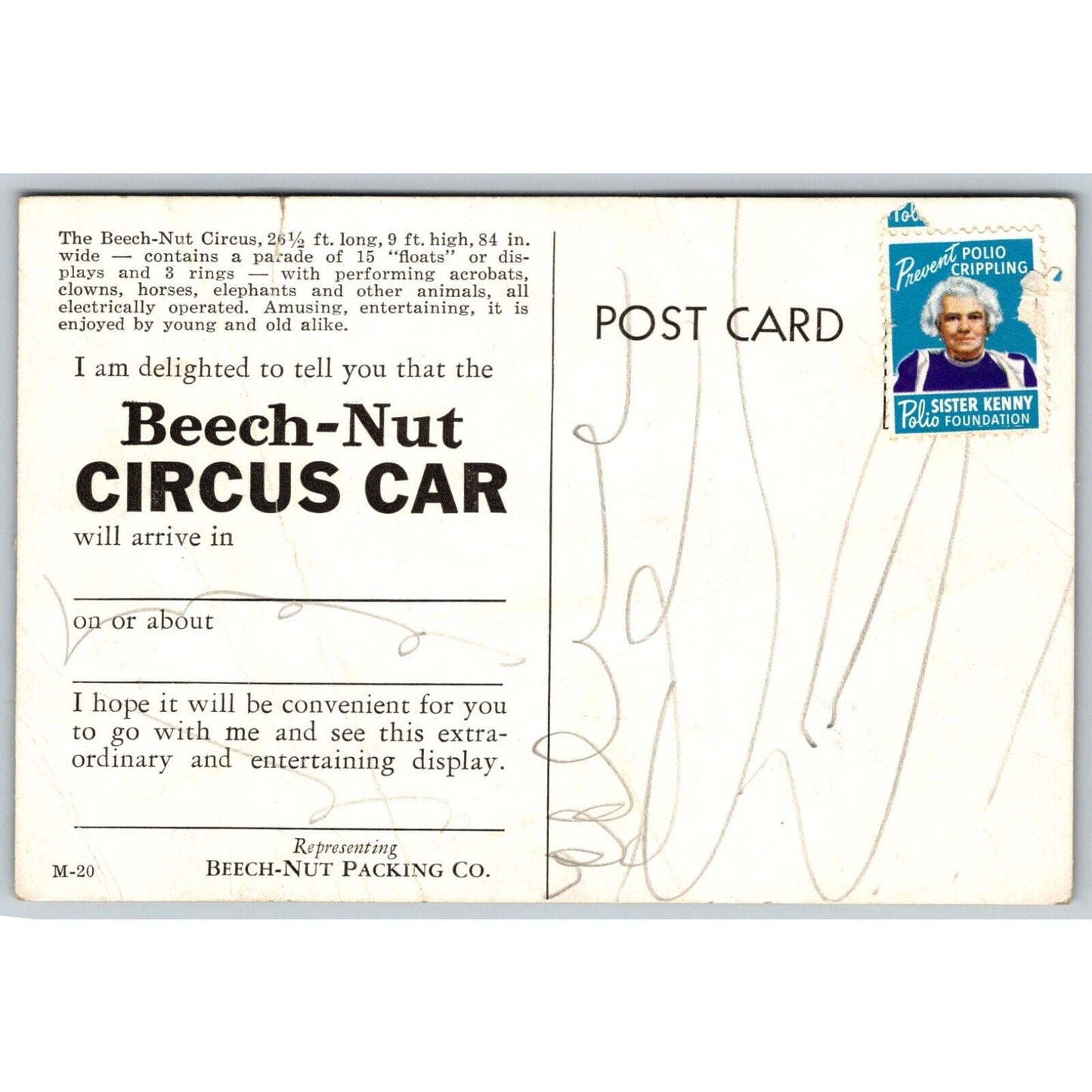 Beech-Nut Circus Car Sarasota Advance Notice Postcard VGC NP c1960