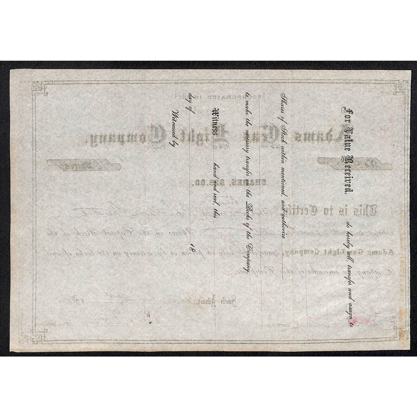 Adams Gas Light Company South Adams, MA 1903 Stock Certificate Scarce VGC