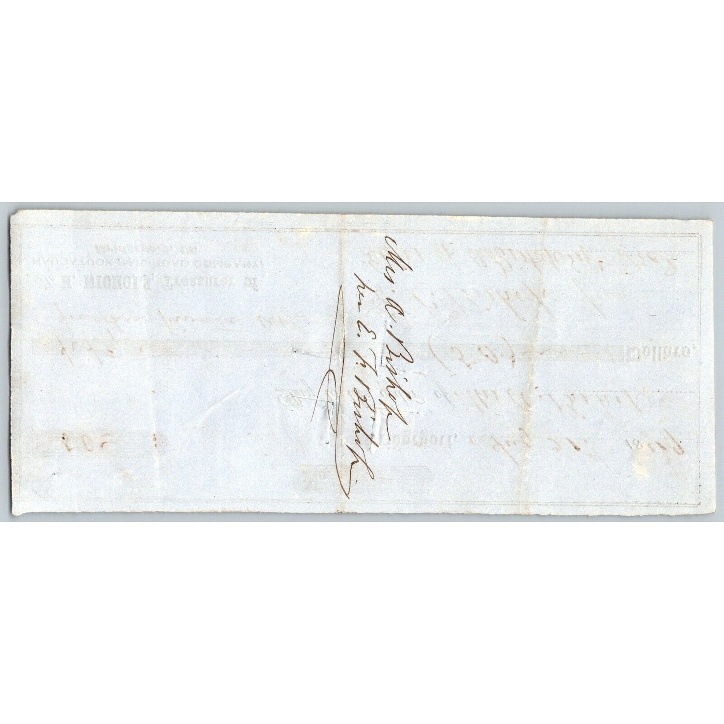 Naugatuck Railroad Co. Bridgeport, CT 1849 Check #104 Mrs. A. Bishop Signed
