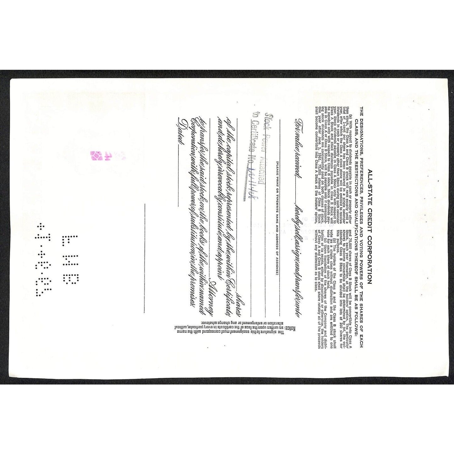 All State Credit Corporation NY 1962 Stock Certificate Sophie Oland