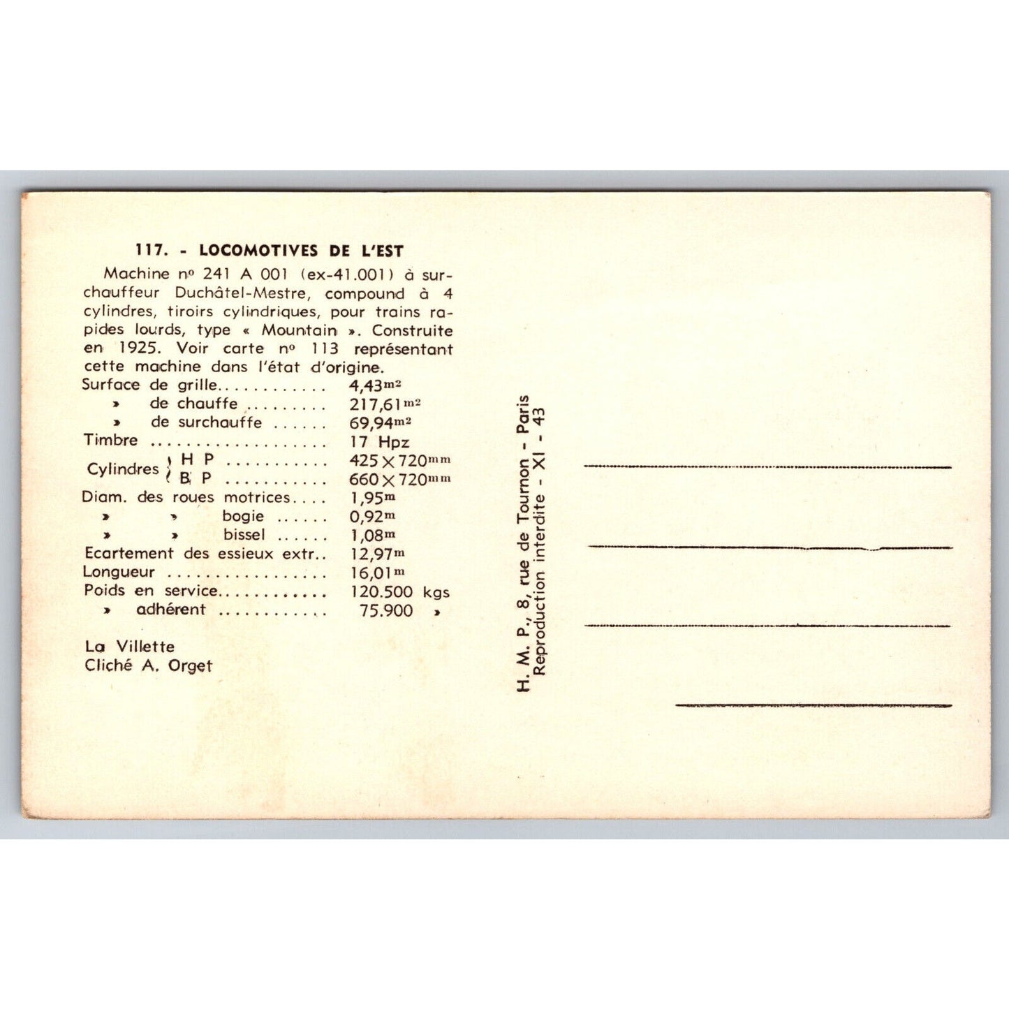 French Railroad RPPC* Postcard Machine 241 A 001 c1925 H.M.P.