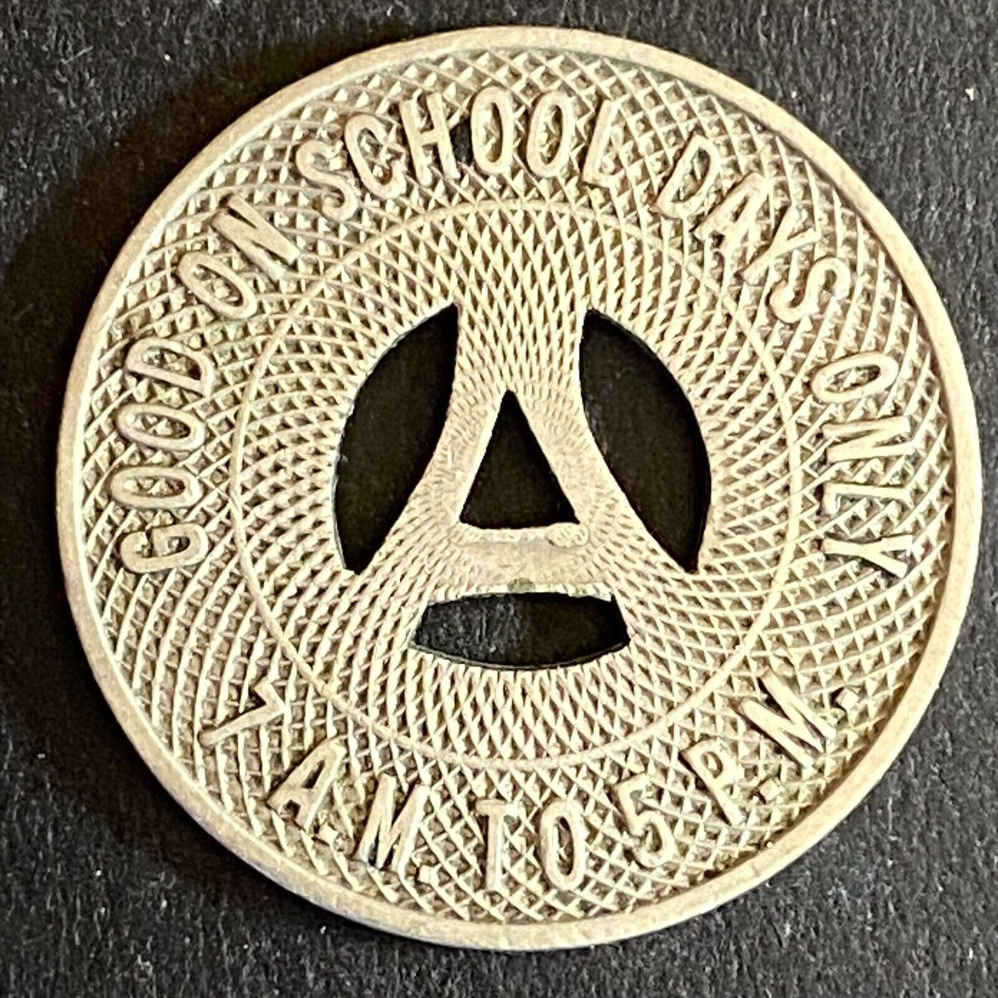 Albuquerque Bus Co. "Good on School Days Only" Token 23mm Hanging "A" (#4)