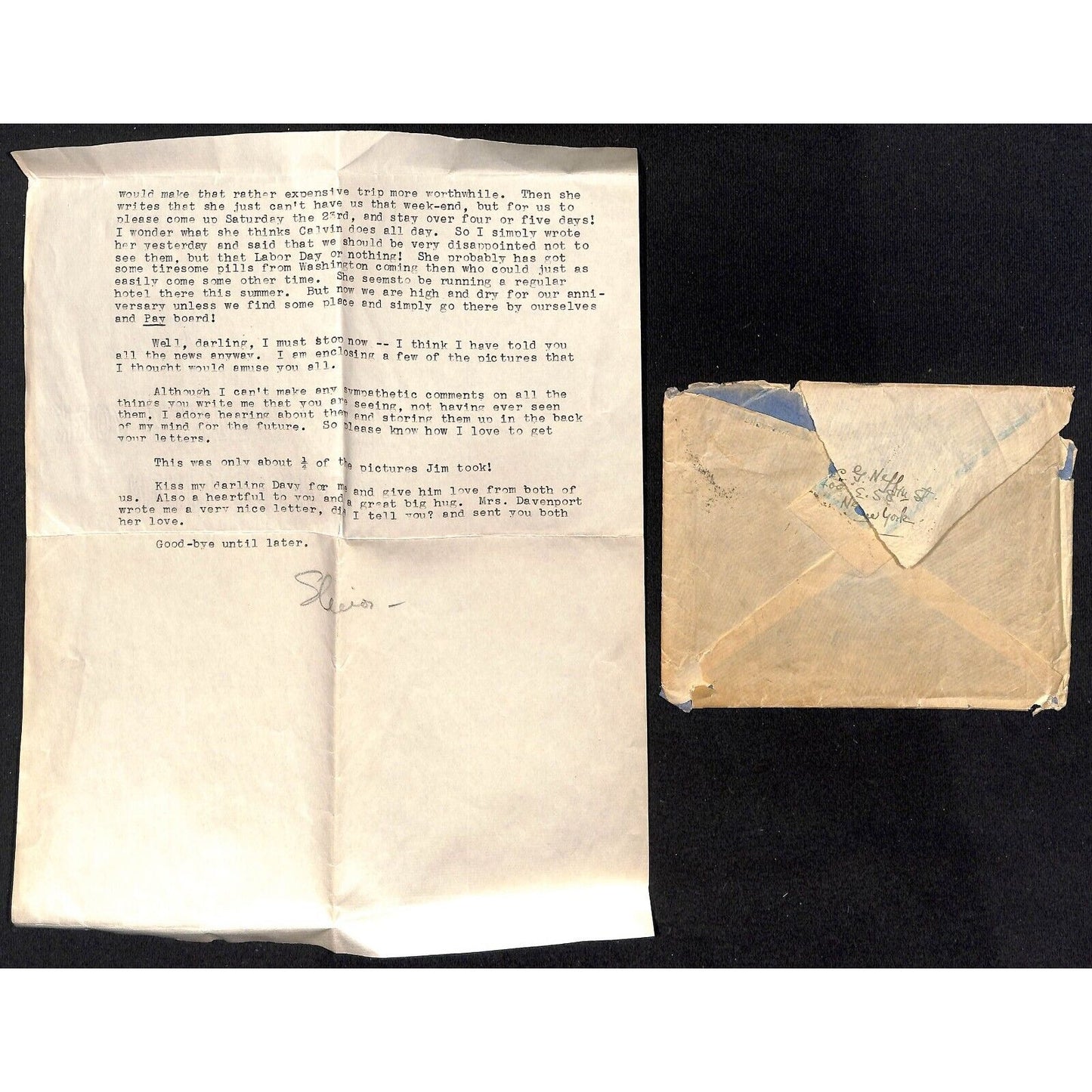1933? "Mother, darling" TLS Correspondence Cunard Line S.S. Mauretania
