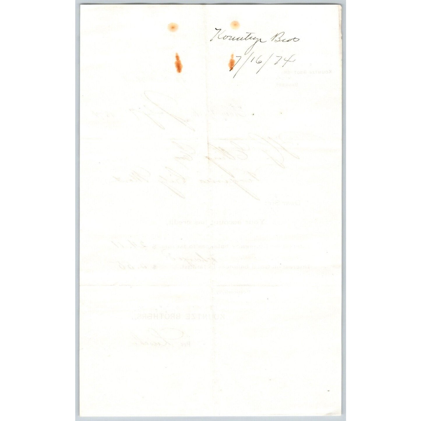 Kountze Brothers Bankers 12 Wall St NYC 1874 Billhead / Statement Henry Elling*