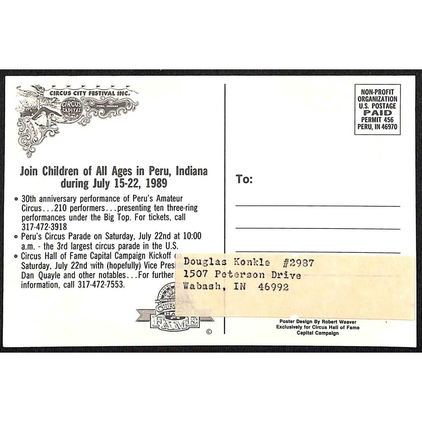 International Circus Hall of Fame 1989 Postcard 4" x 6" VGC