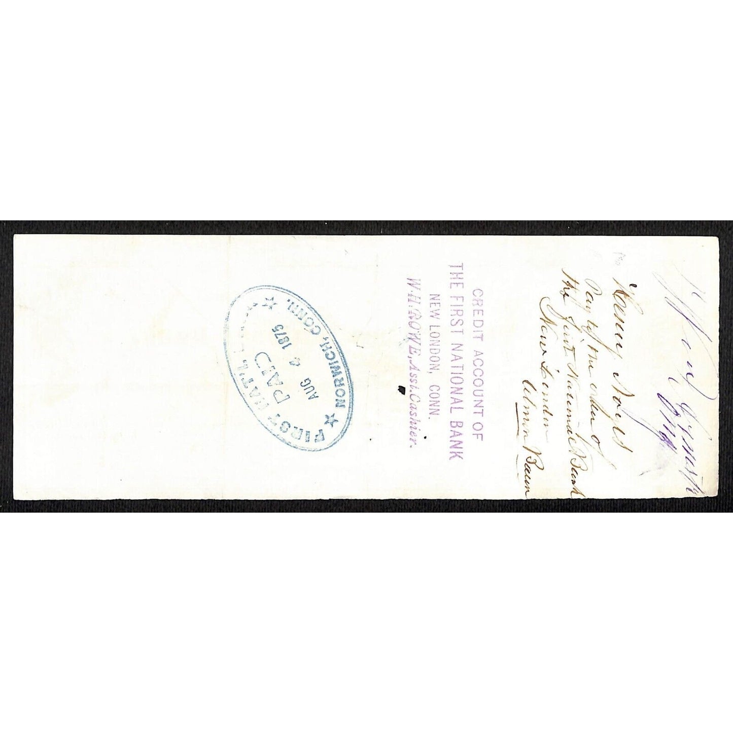 James A. Bill* 1875 Thames National Bank Lyme CT on Rev Stamp Check Stock (#6)