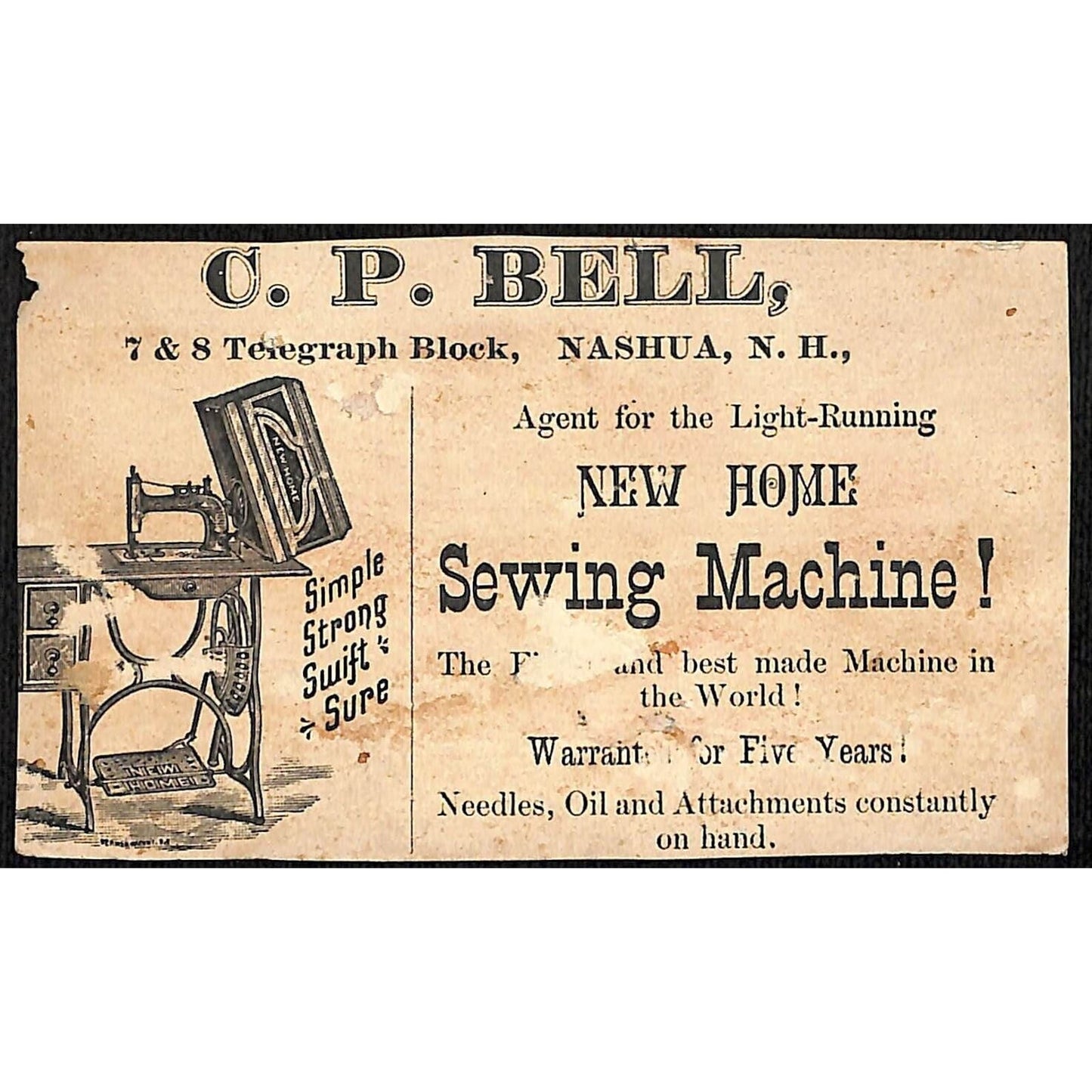 New Home Sewing Machine Co. Victorian Trade Card Monkey Sews Cat's Paw - Ouch!