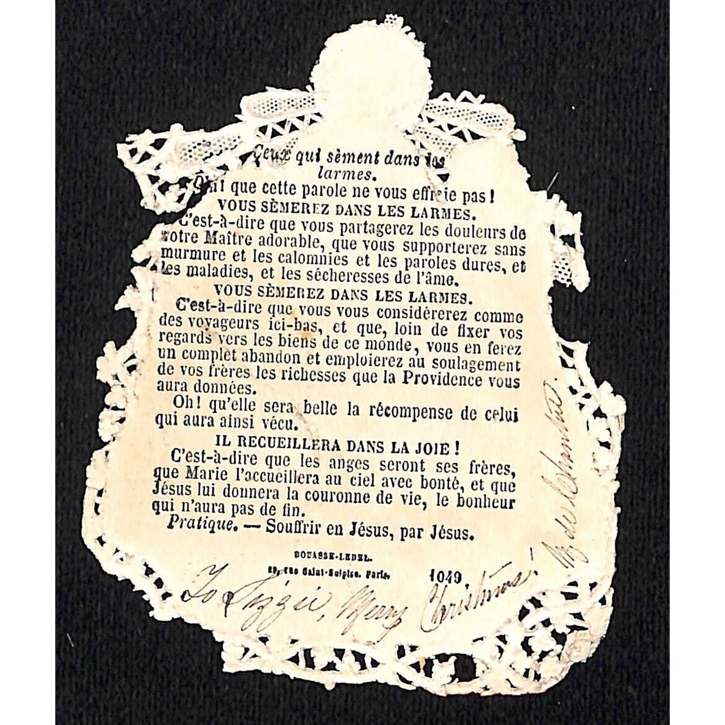 c1900 French Young Jesus Tears / Joy Die Cut Embossed Christian Religious Card
