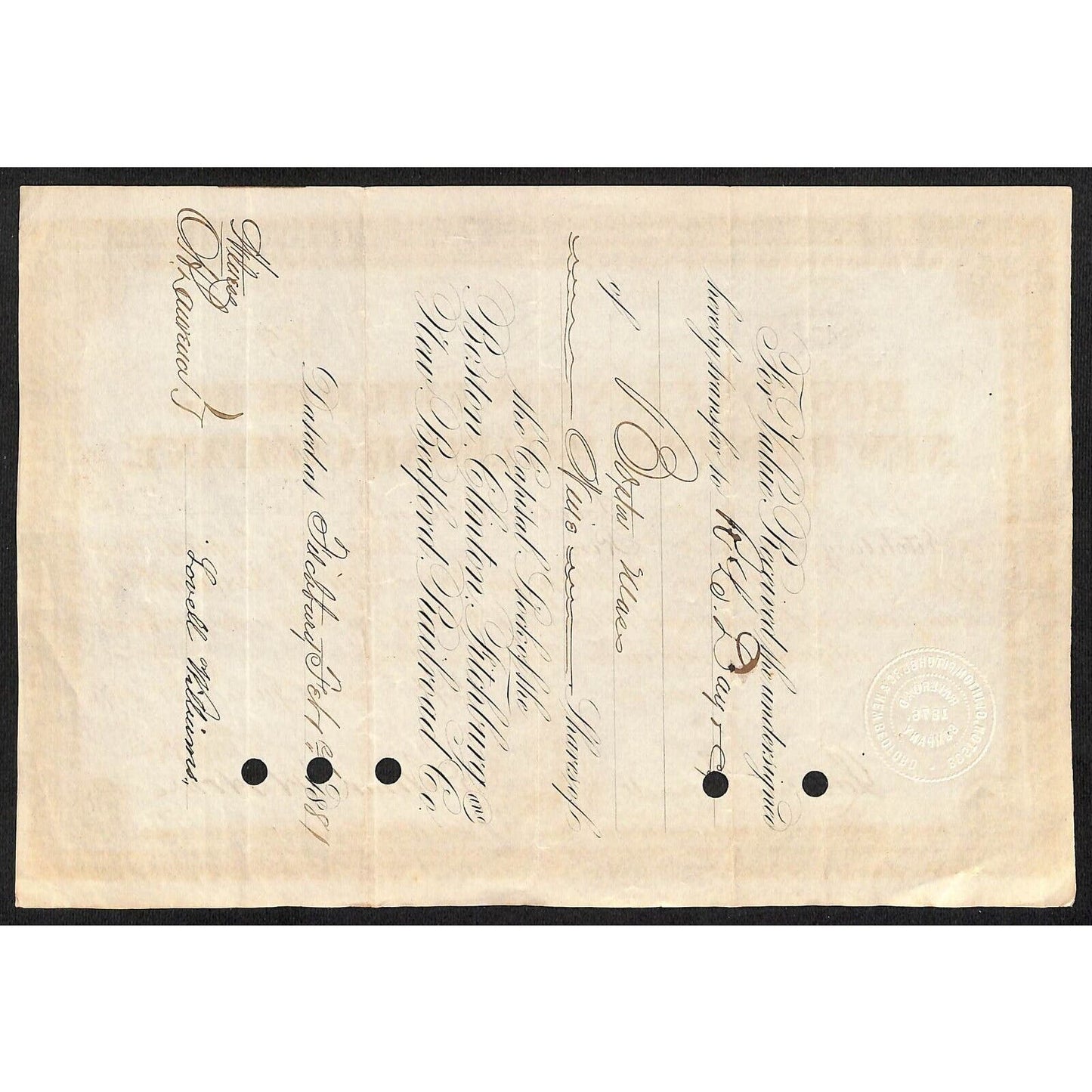 Boston, Clinton, Fitchburg and New Bedford RR 1876 Stock Cert. Lovell Williams