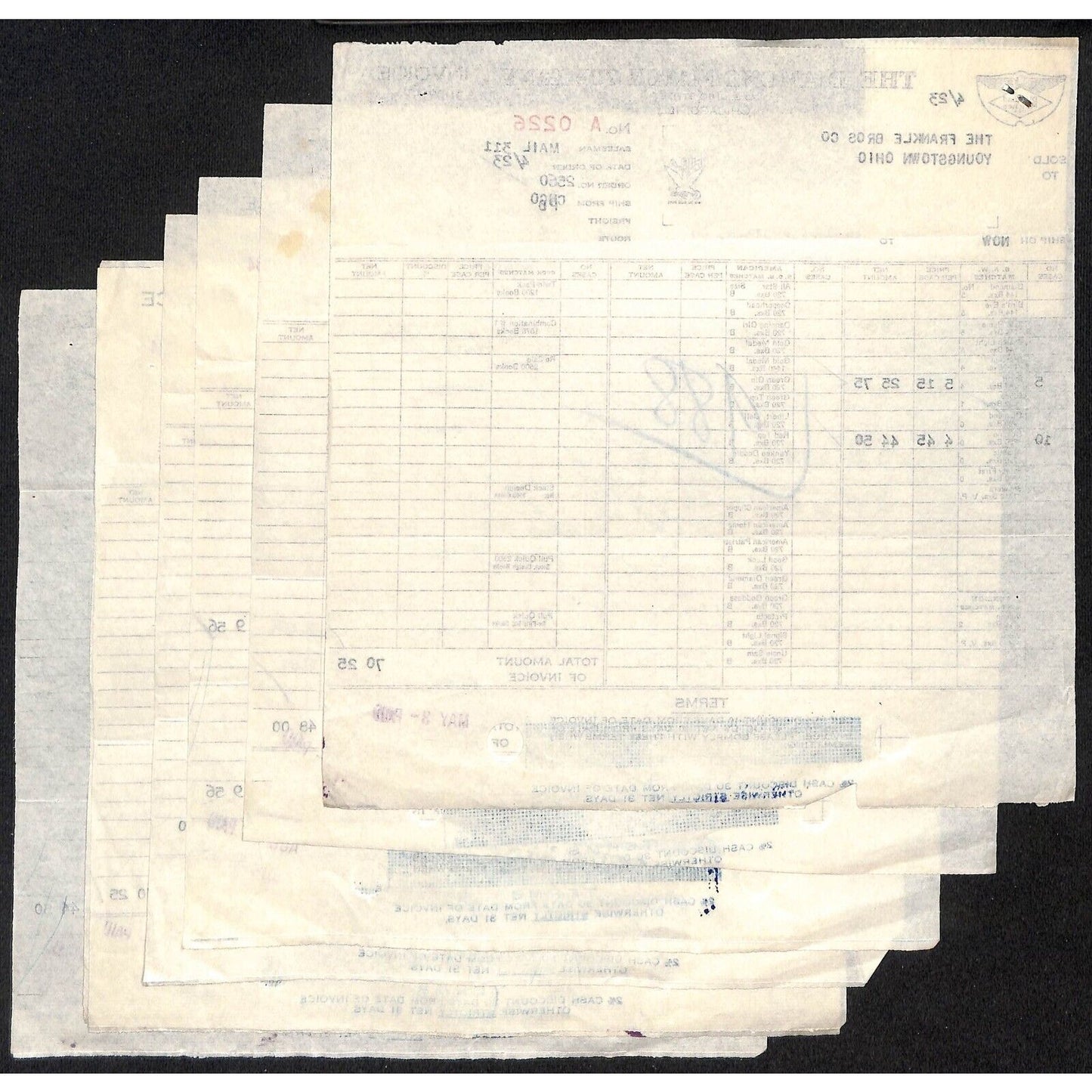 Group of 7 Diamond Match Co. Invoices Mostly 1934 to Frankle Bros Youngstown, OH