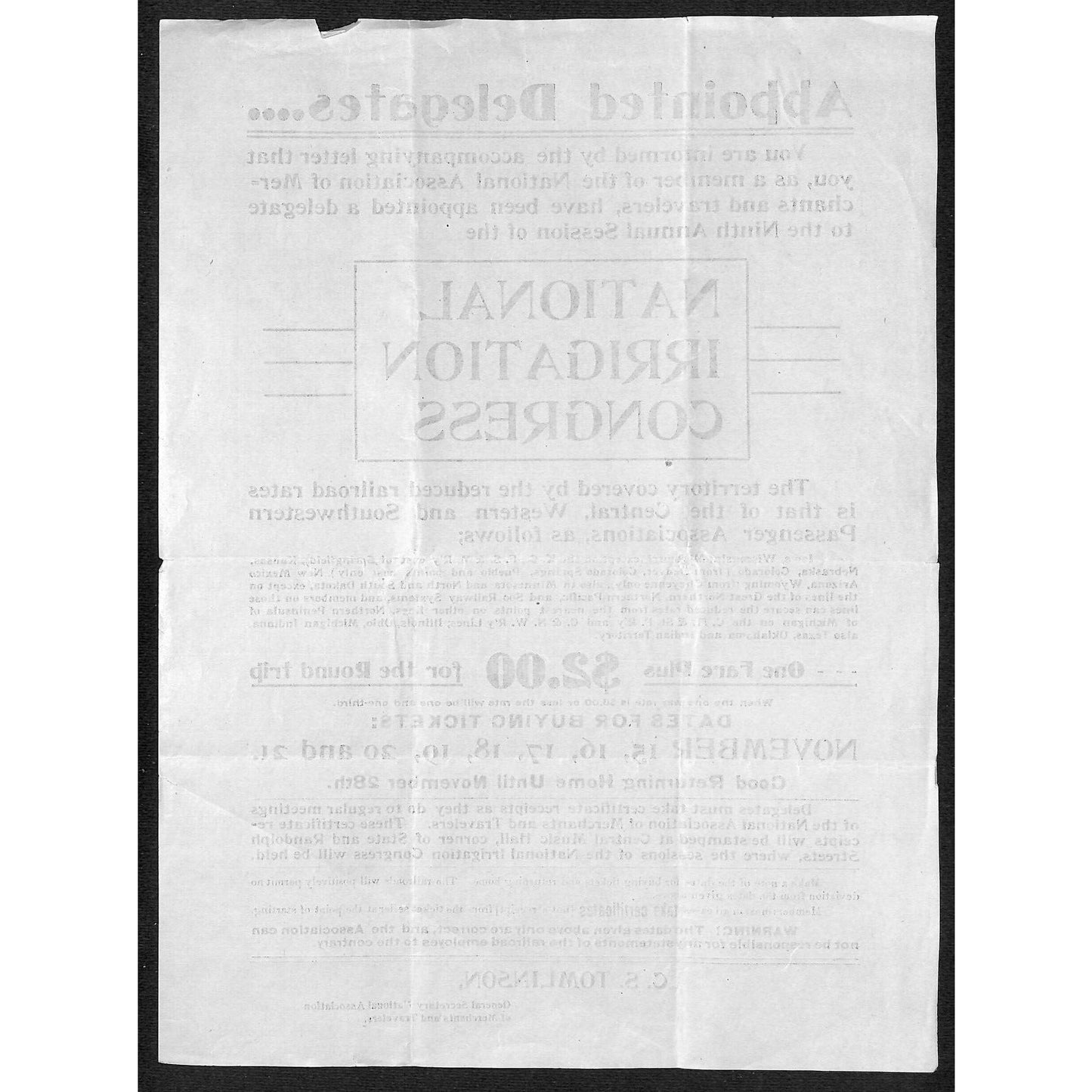 National Irrigation Congress c1900-1910? Letterhead / Broadside R.R. Round Trip