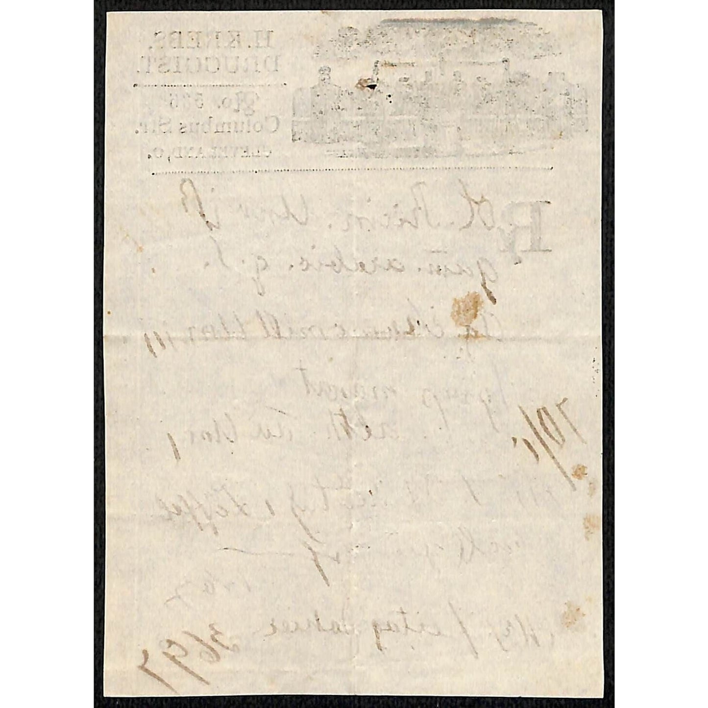 H. Krebs, Druggist Columbus St. Cleveland c1870's* Prescription #3697