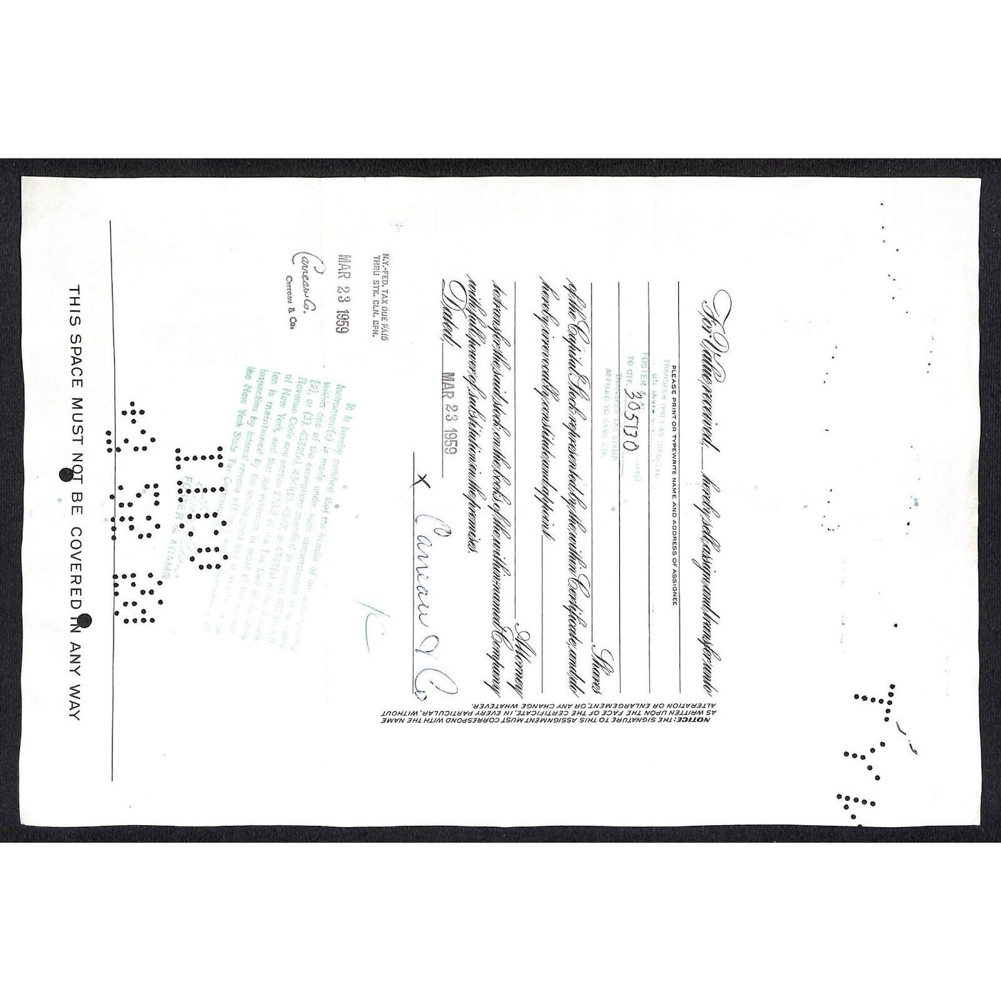 Irving Trust Company NY 1959 Stock Certificate Carreau & Co.