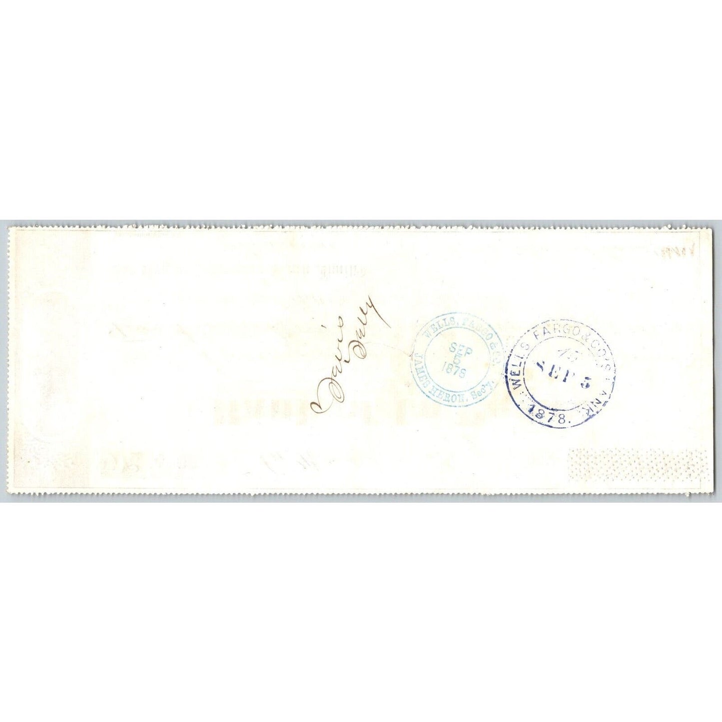 Bank of La Porte Check Wells Fargo 1878 Mining Vignette RN-G1 Rev Stamp #4366