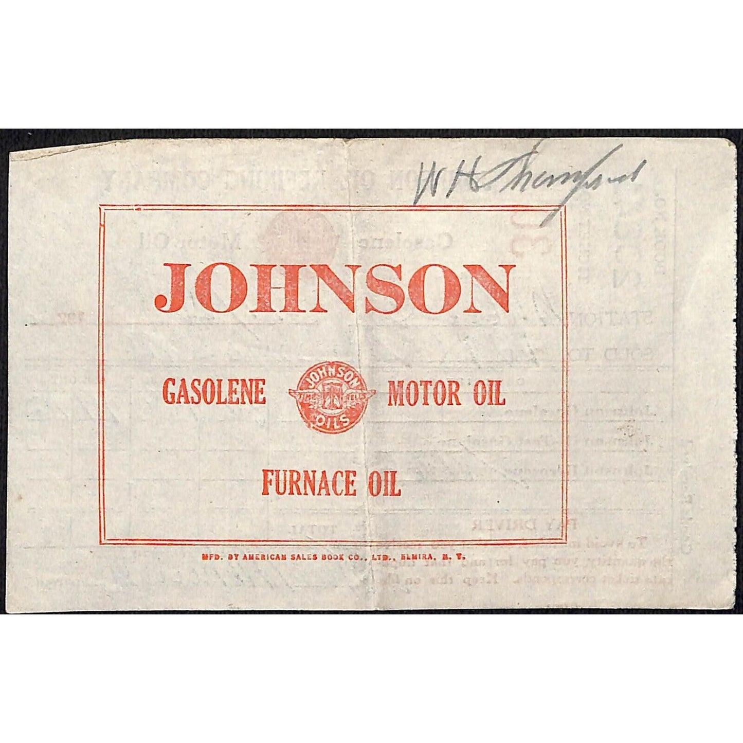 Johnson Oils Gasoline Kerosene 1926 W. H. Thompson Melvin IL Station Receipt #30
