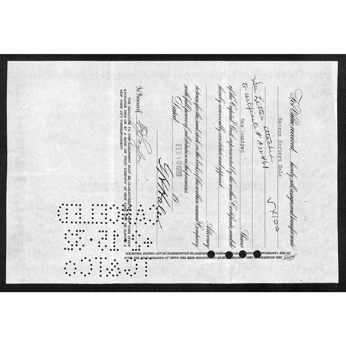 The Home Insurance Co. New York 1930 Stock Certificate G.H. Hale