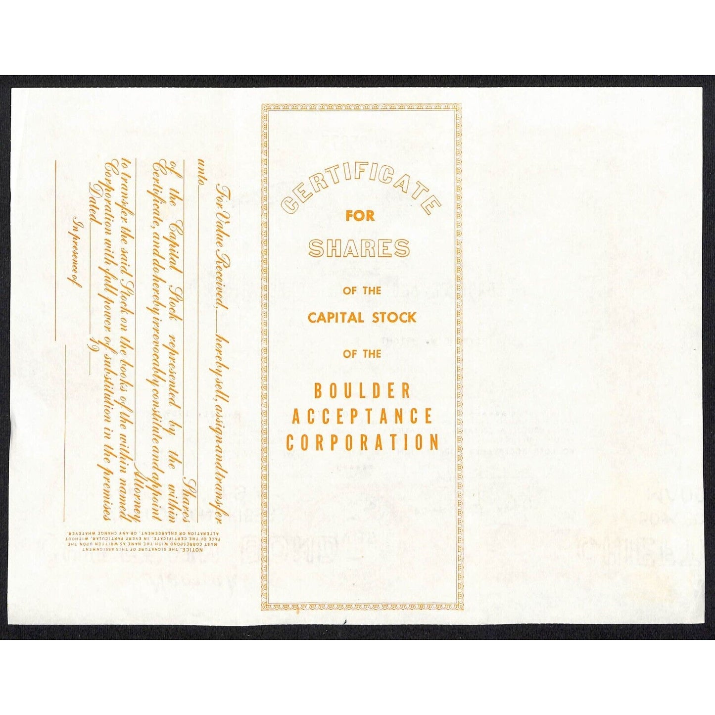 Boulder Acceptance Corp. Colorado 1959 Stock Certificate to Raymond W. Wright