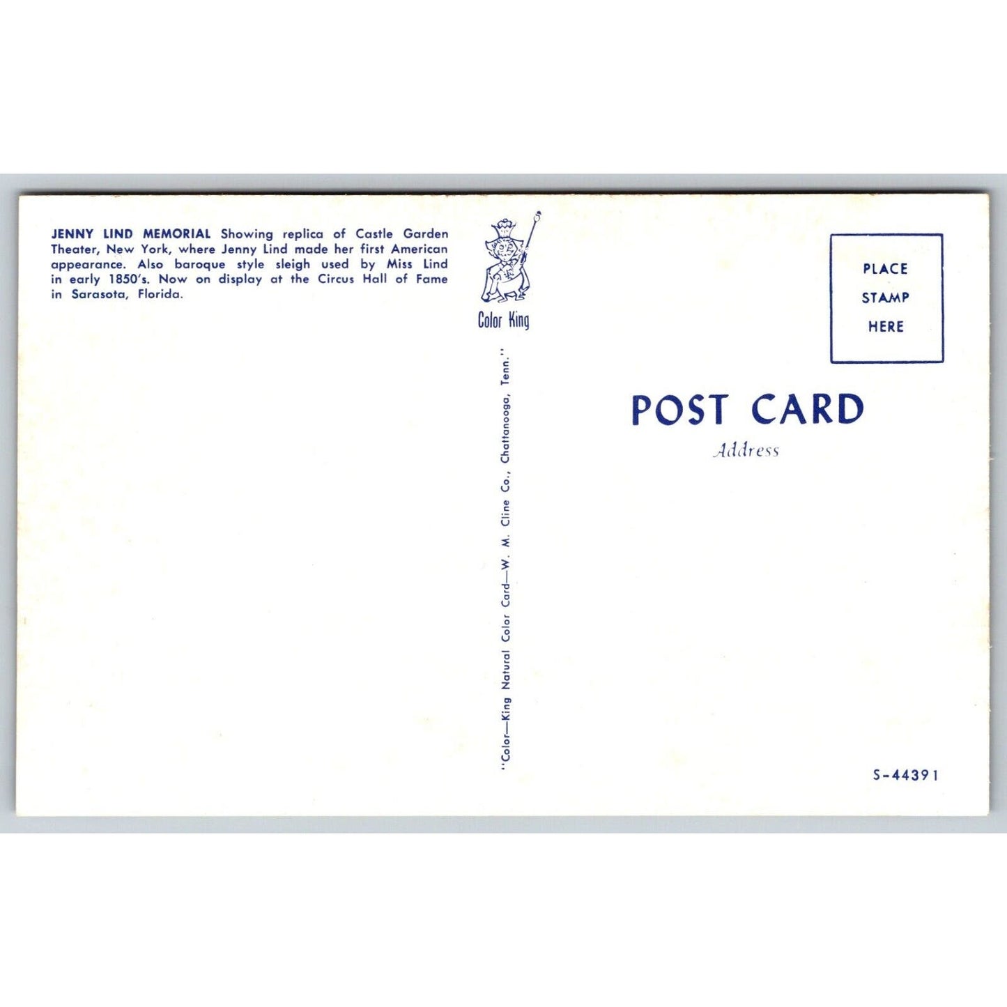 Jenny Lind Memorial Hall of Fame Sarasota Postcard NP VGC c1960s