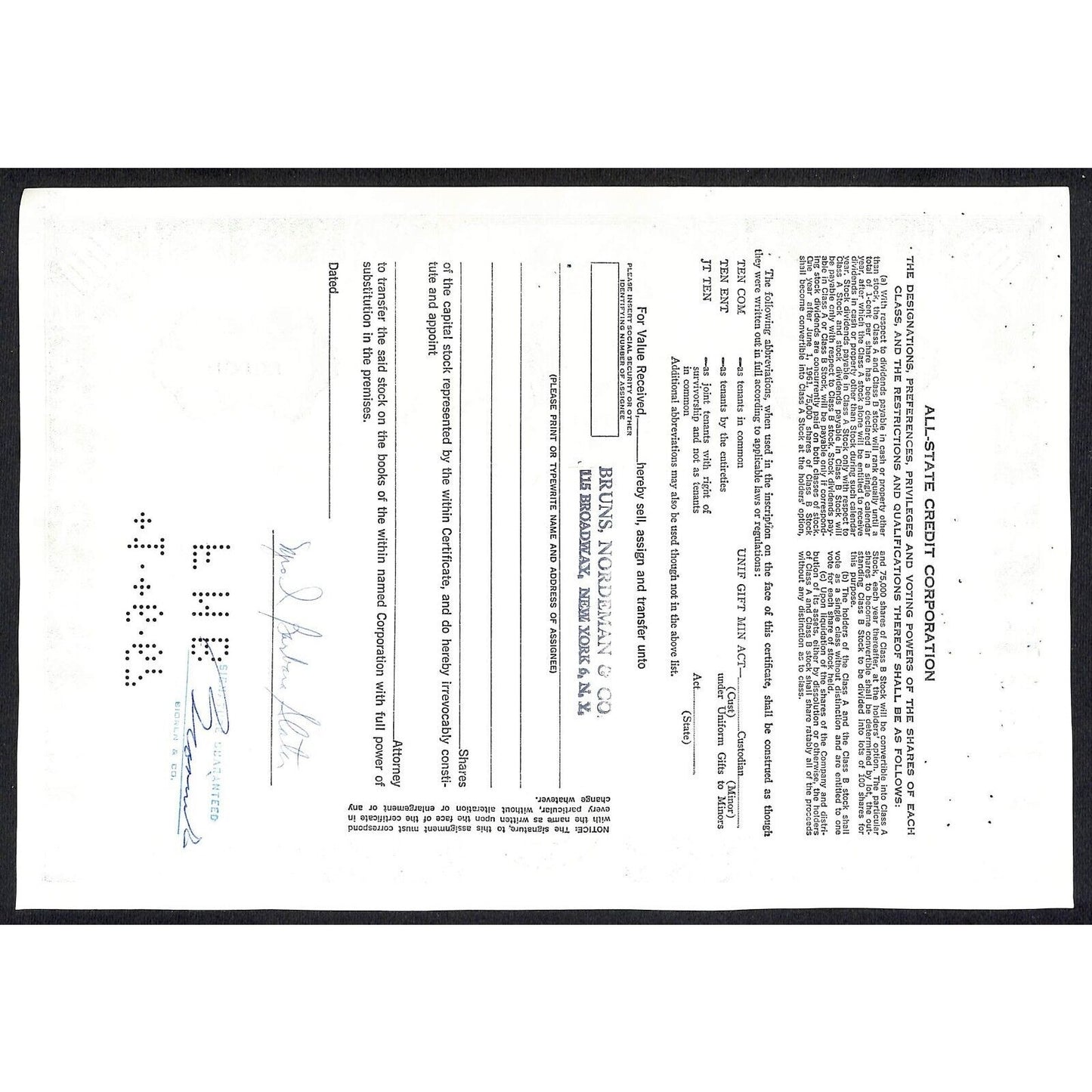 All State Credit Corporation NY 1966 Stock Certificate Mrs. I Barbara Slater