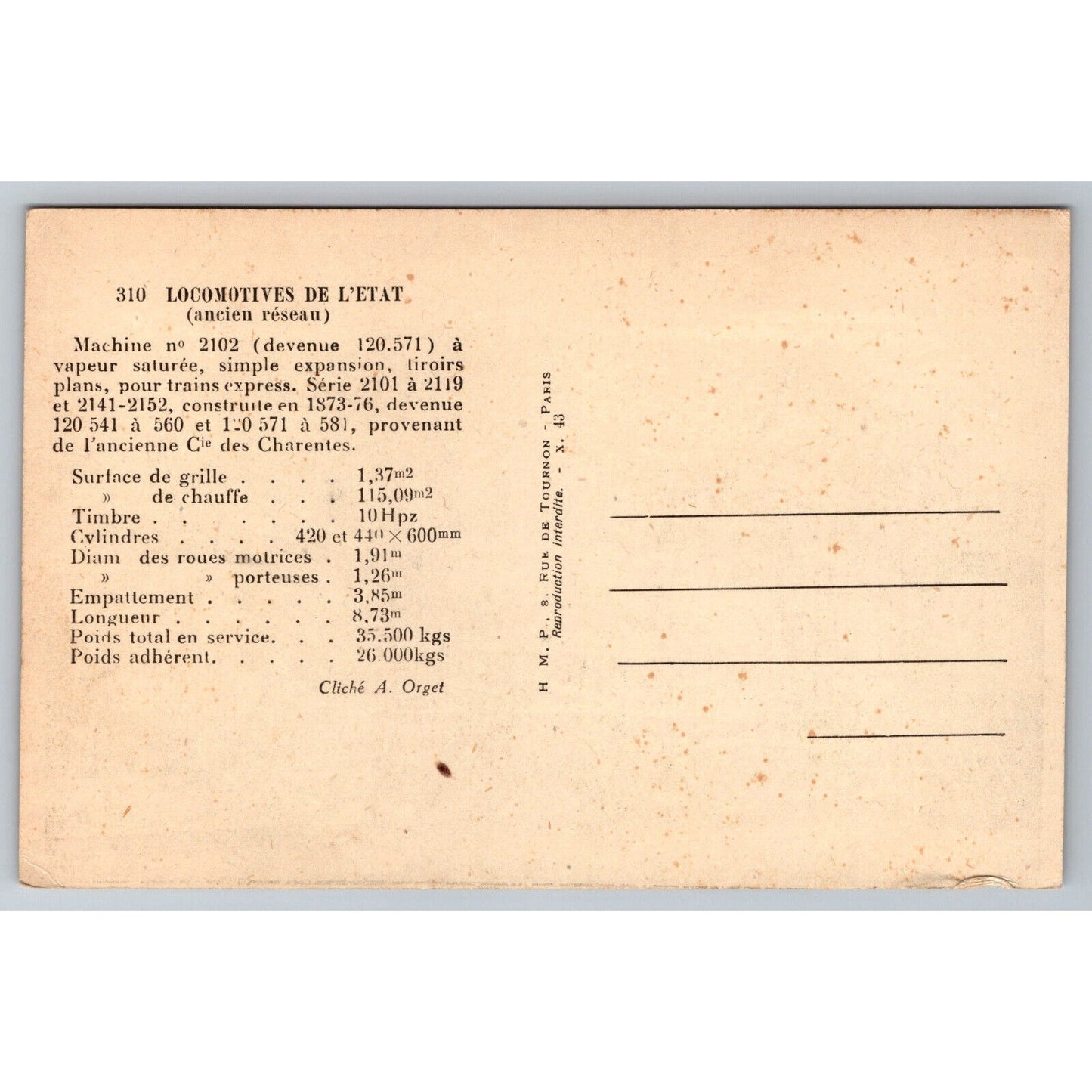 French Railroad RPPC* Postcard Machine 2102 Series 2101-2119 c1900 H.M.P.