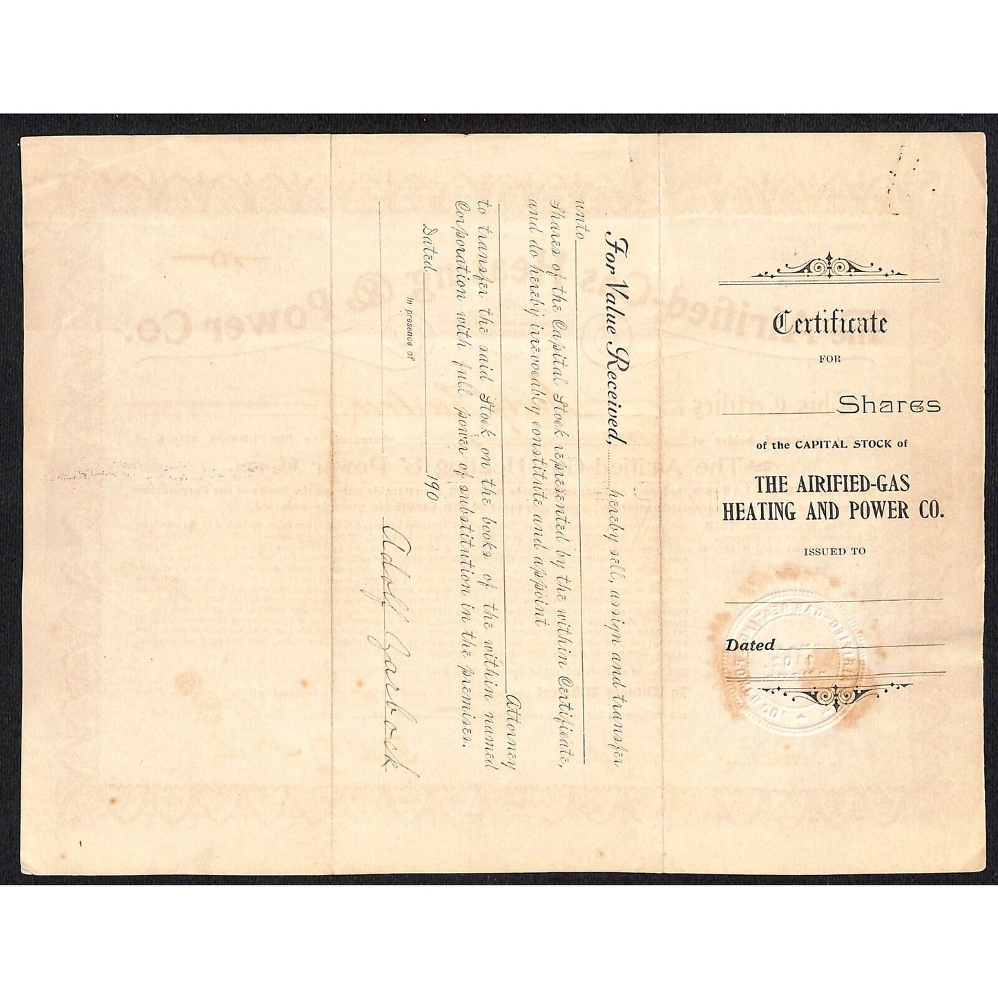 Airified-Gas Heating & Power Co Arizona Territory 1906 Stock Certificate Scarce