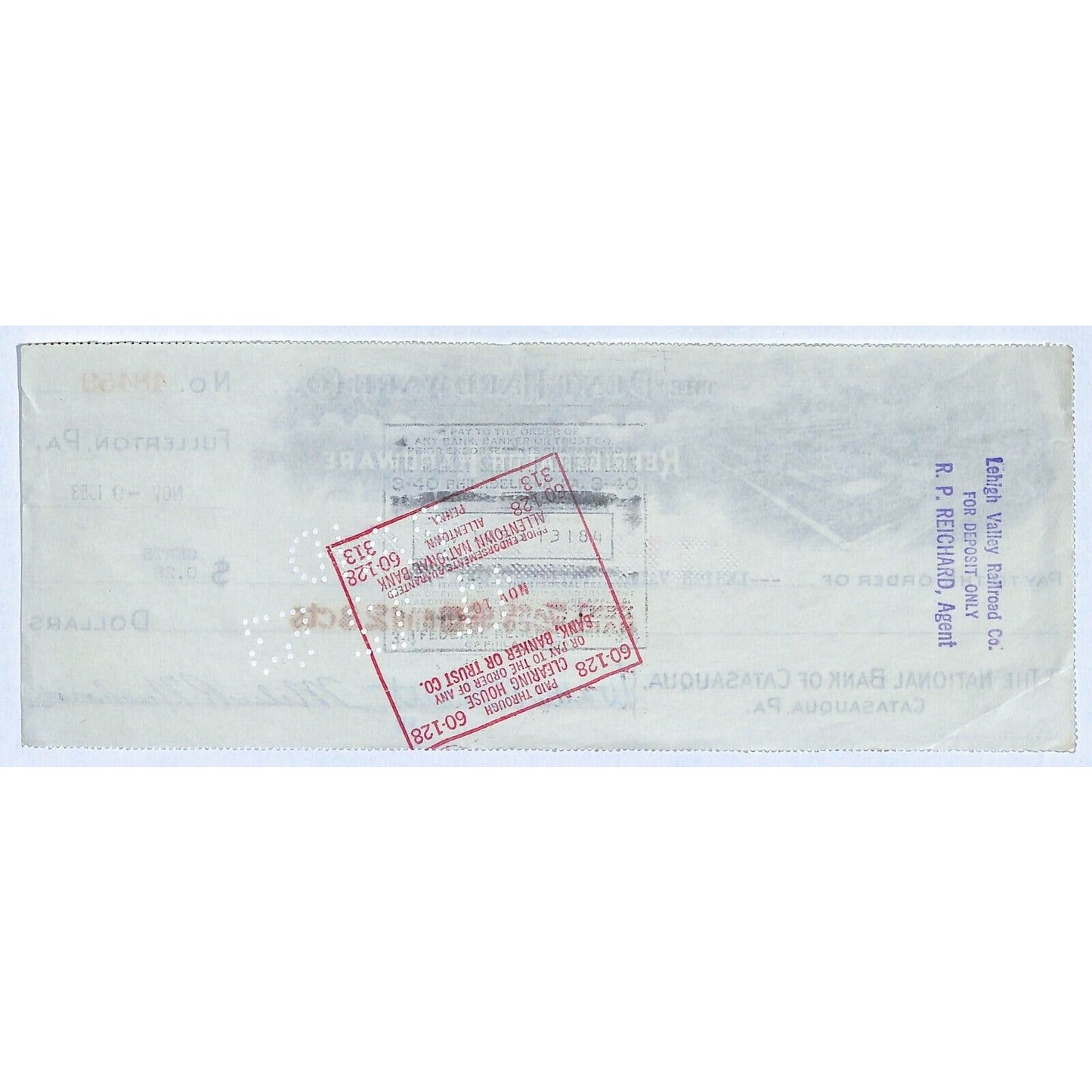 Dent Hardware Co. Refrigerator Fullerton, PA 1953 Bank Check w/ Vignette #48459