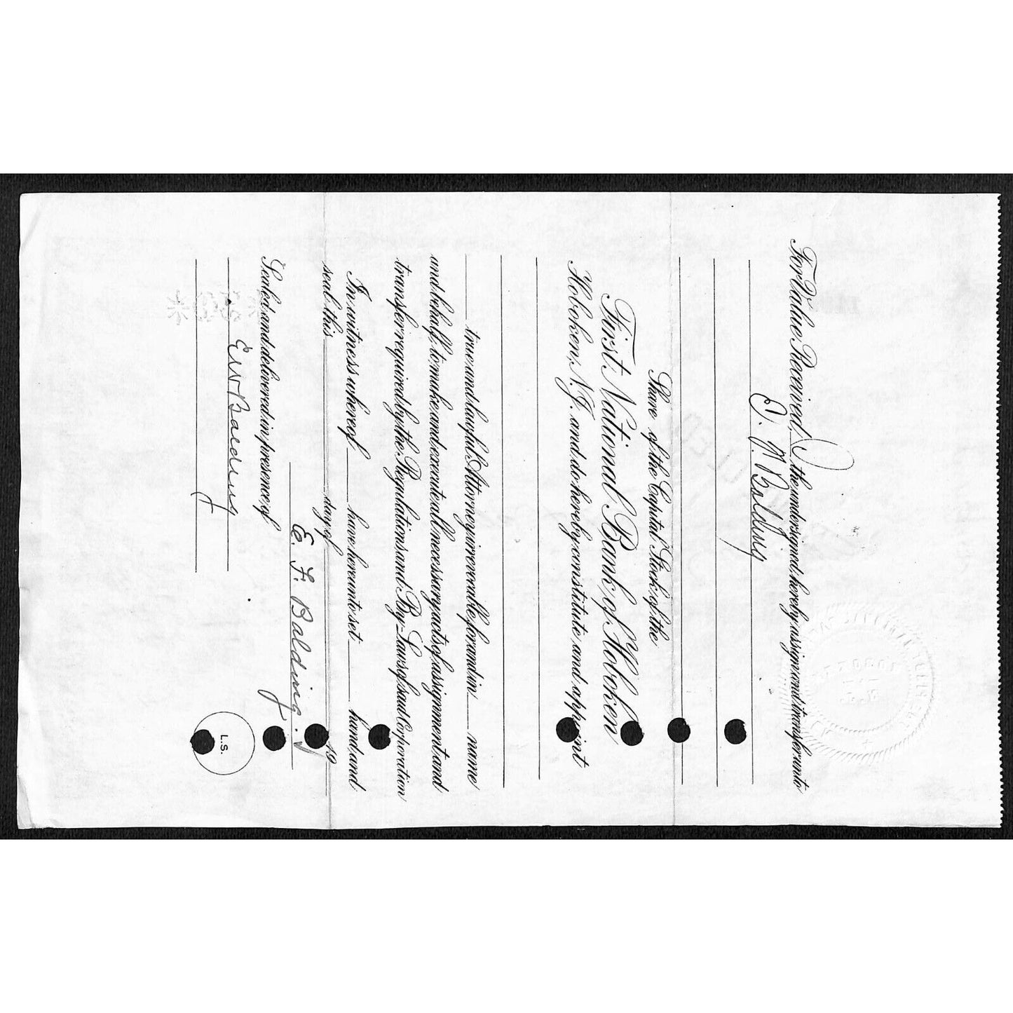 First National Bank of Hoboken NJ 1924 Stock Certificate E.J. Balding