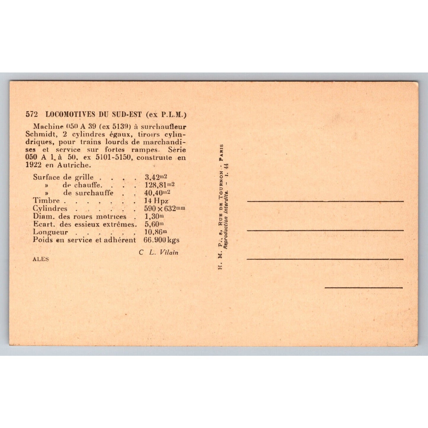 French Railroad RPPC* Postcard Machine 050 A 39 Series 050 A1 - 50 c1920 H.M.P.