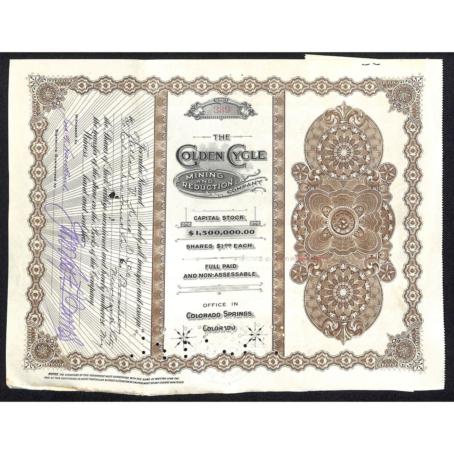 Golden Cycle Mining 1915 Stock Certificate w/ James F. Burns Sig. #389