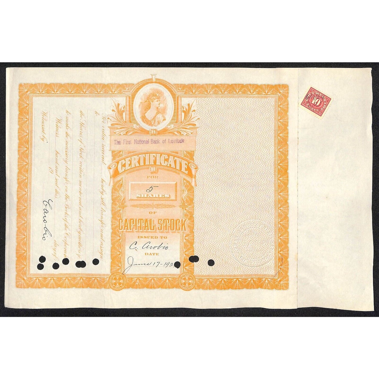 First National Bank of Lovelock, NV 1924 Stock Certificate to C. Arobio #116