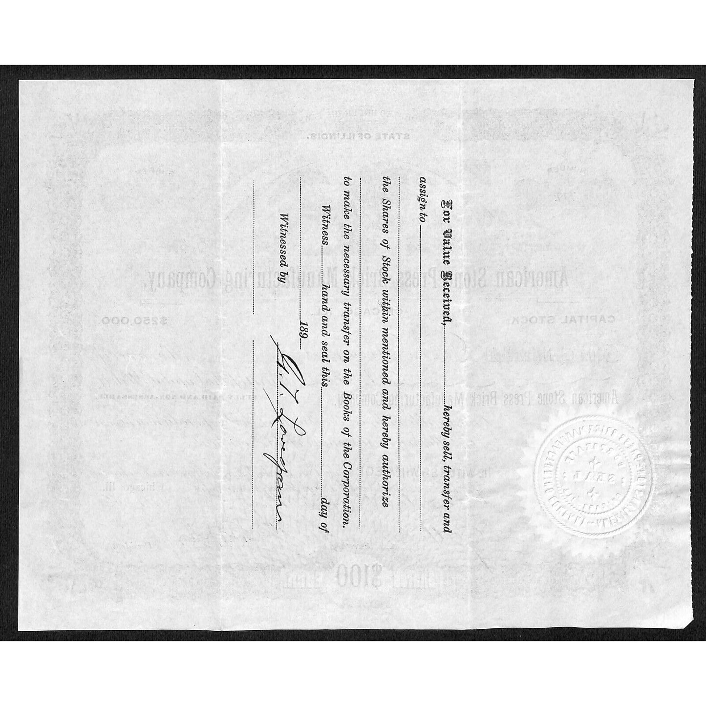 American Stone Press Brick Mfg. Co. Chicago 1893 Stock Certificate JT Lovegrove?