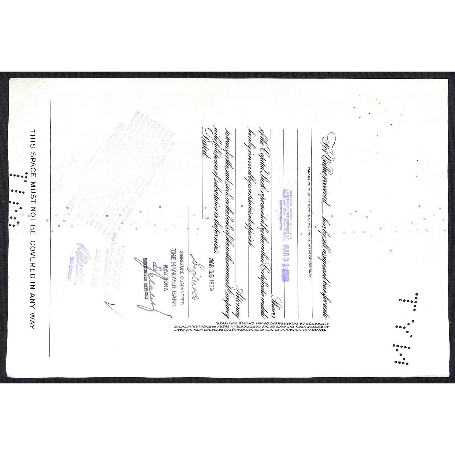 Irving Trust Company NY 1959 Stock Certificate to: Sigler & Co. #163131