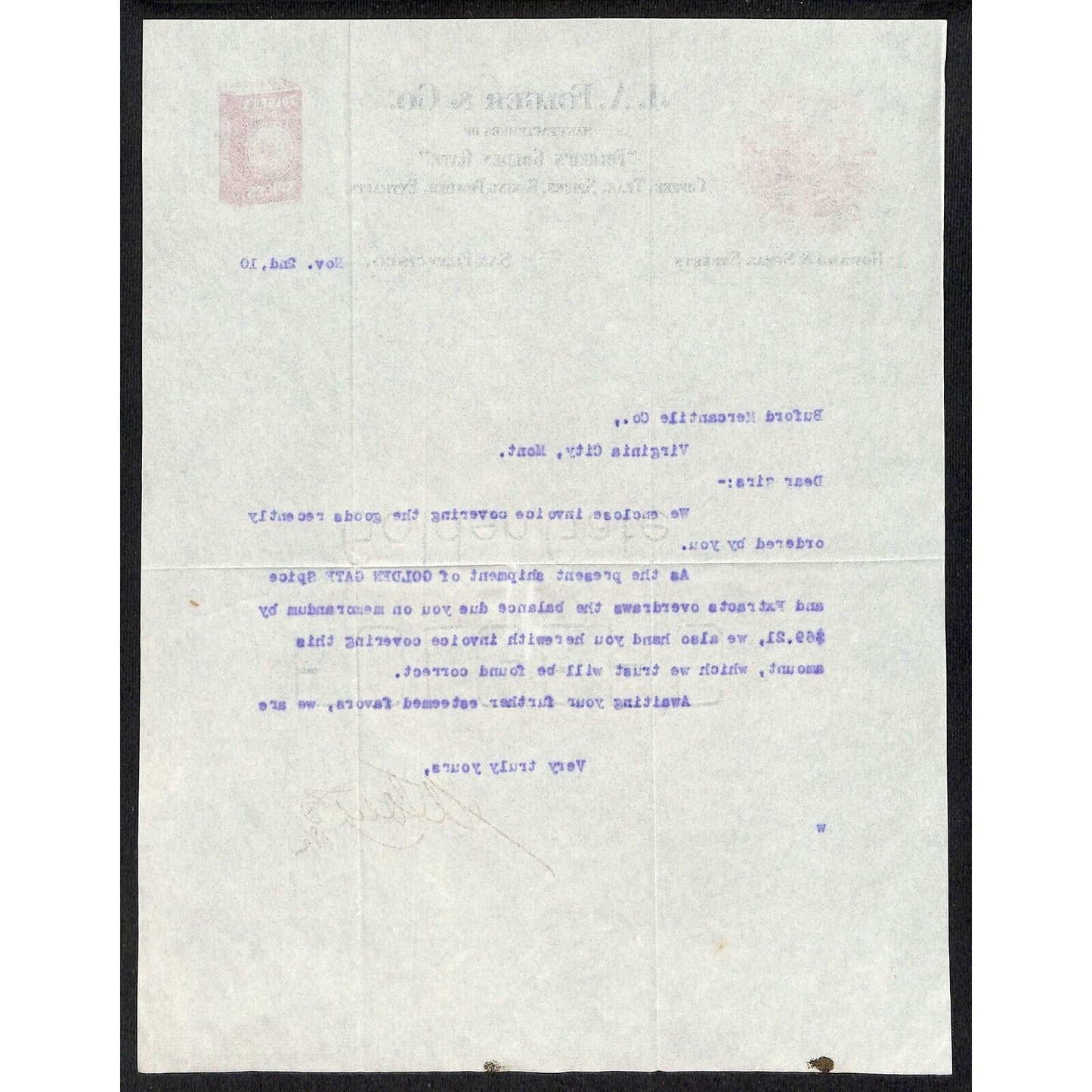 J. A. Folger Coffee 1910 Letterhead to Buford* re: Golden Gate Spice Shipment