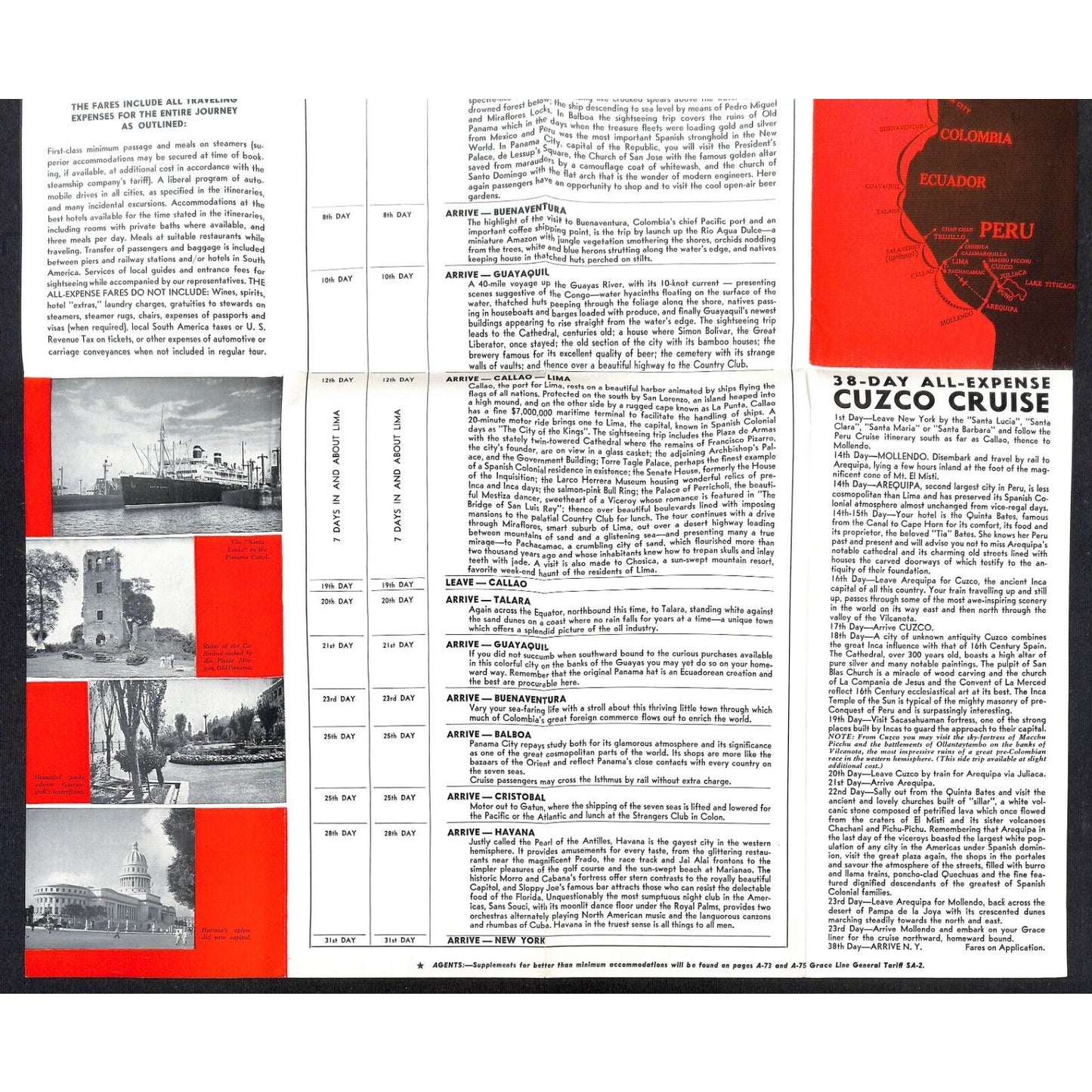 Grace Line Ocean Liner 31 Day Cruises to Peru 1938 16" x 18" Brochure