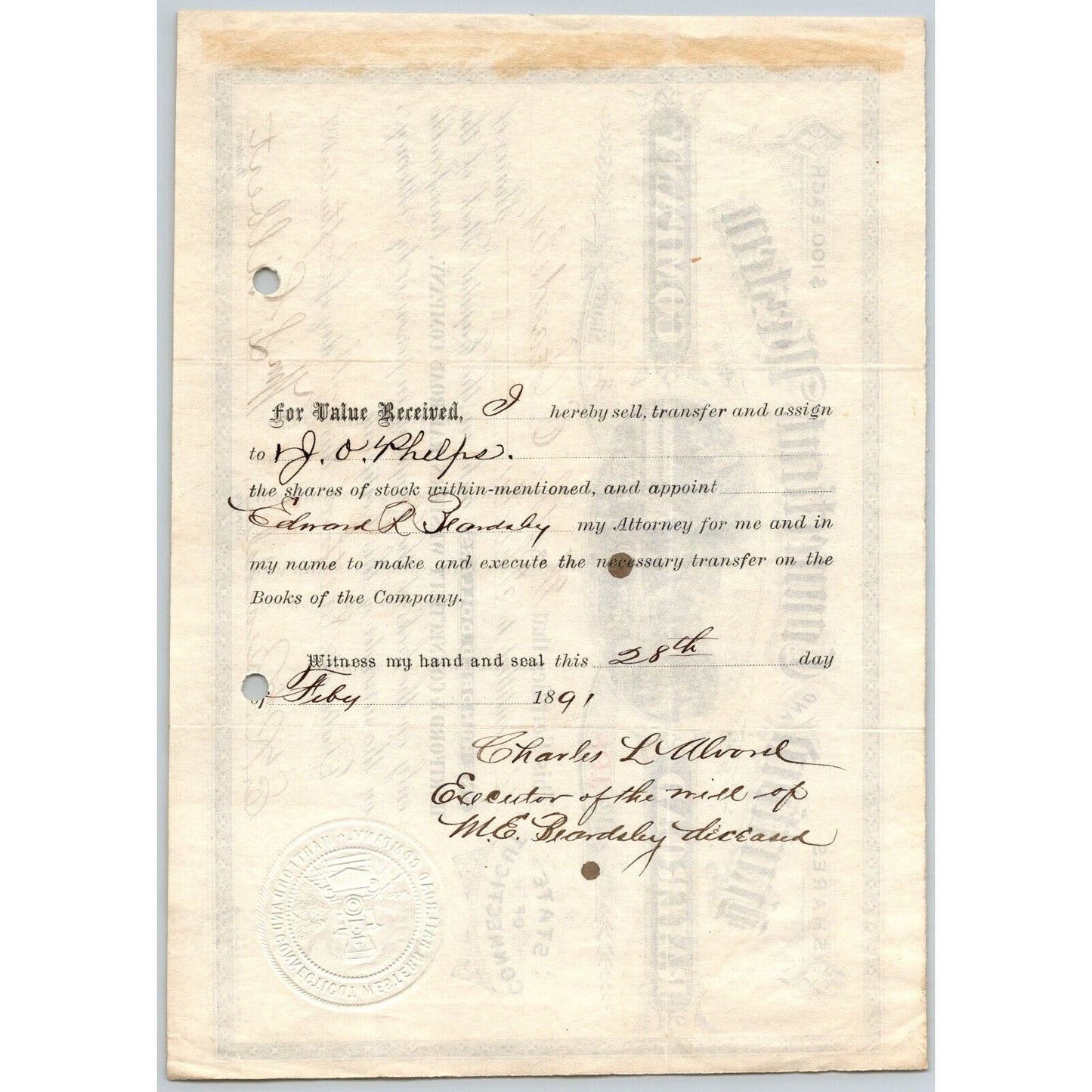 Hartford & Connecticut Western RR Co. 1881 Stock Certificate Martha E. Beardsley