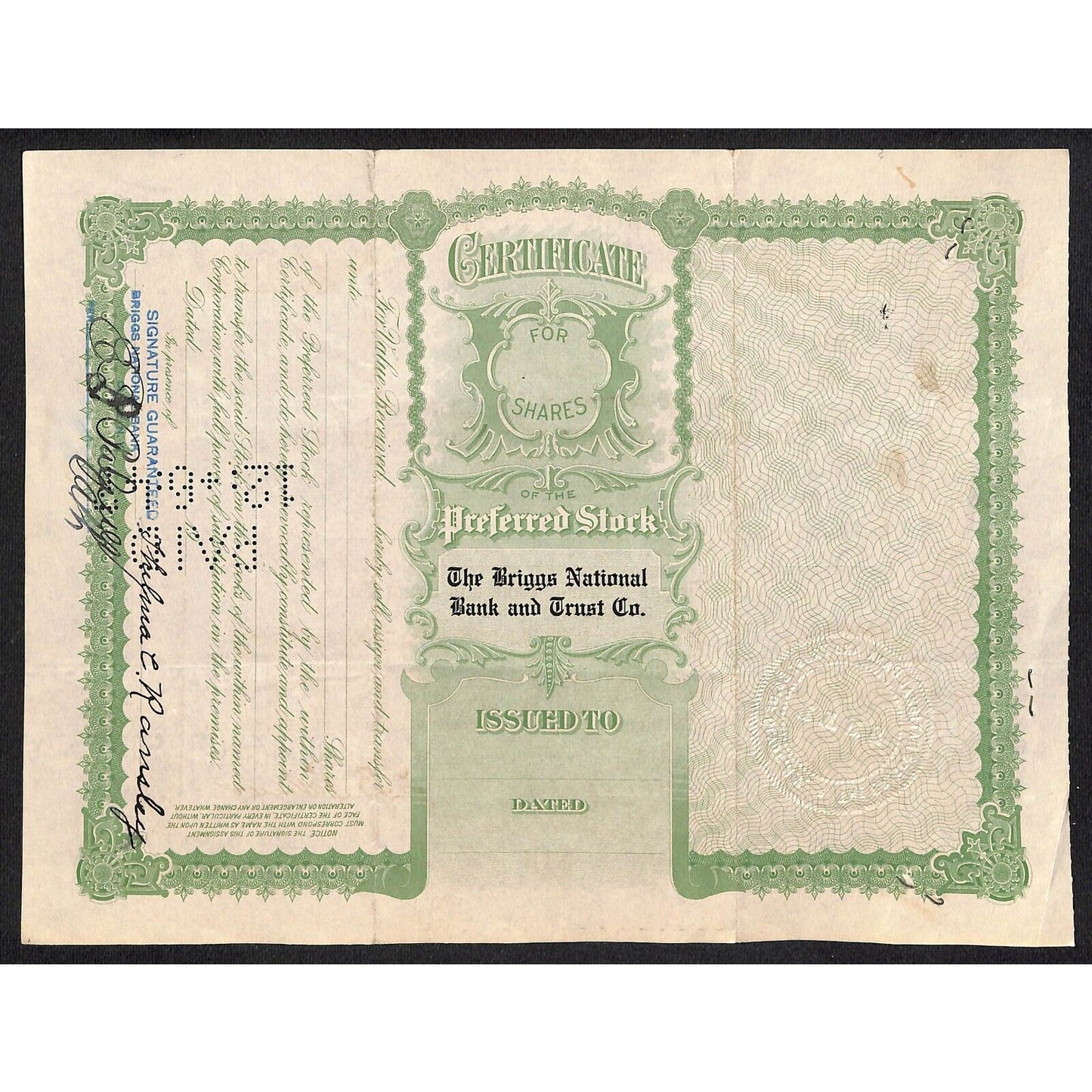 Briggs National Bank and Trust Clyde NY 1939 Stock Certificate Thelma C. Ramsley