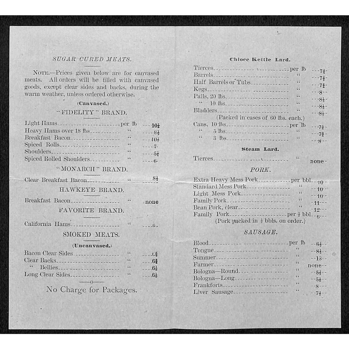 T.M. Sinclair & Co. Pork Packers Cedar Rapids, IA Small Price Sheet 11/25 1885