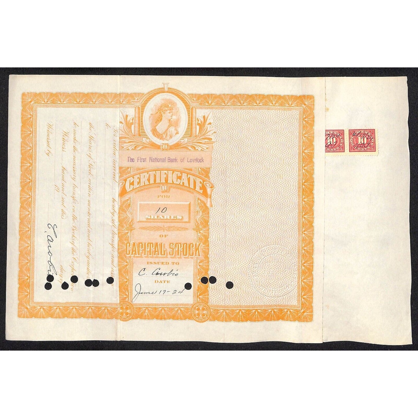 First National Bank of Lovelock, NV 1924 Stock Certificate to C. Arobio