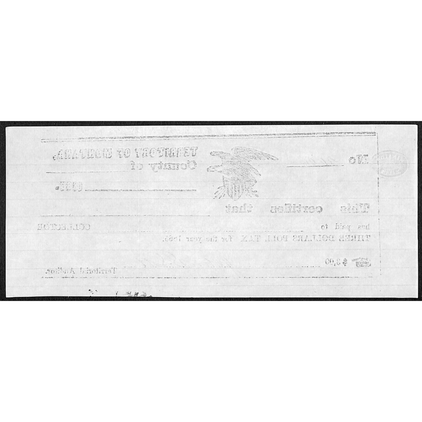 1865 Territory of Montana $3 Poll Tax Receipt #4696 VGC Scarce